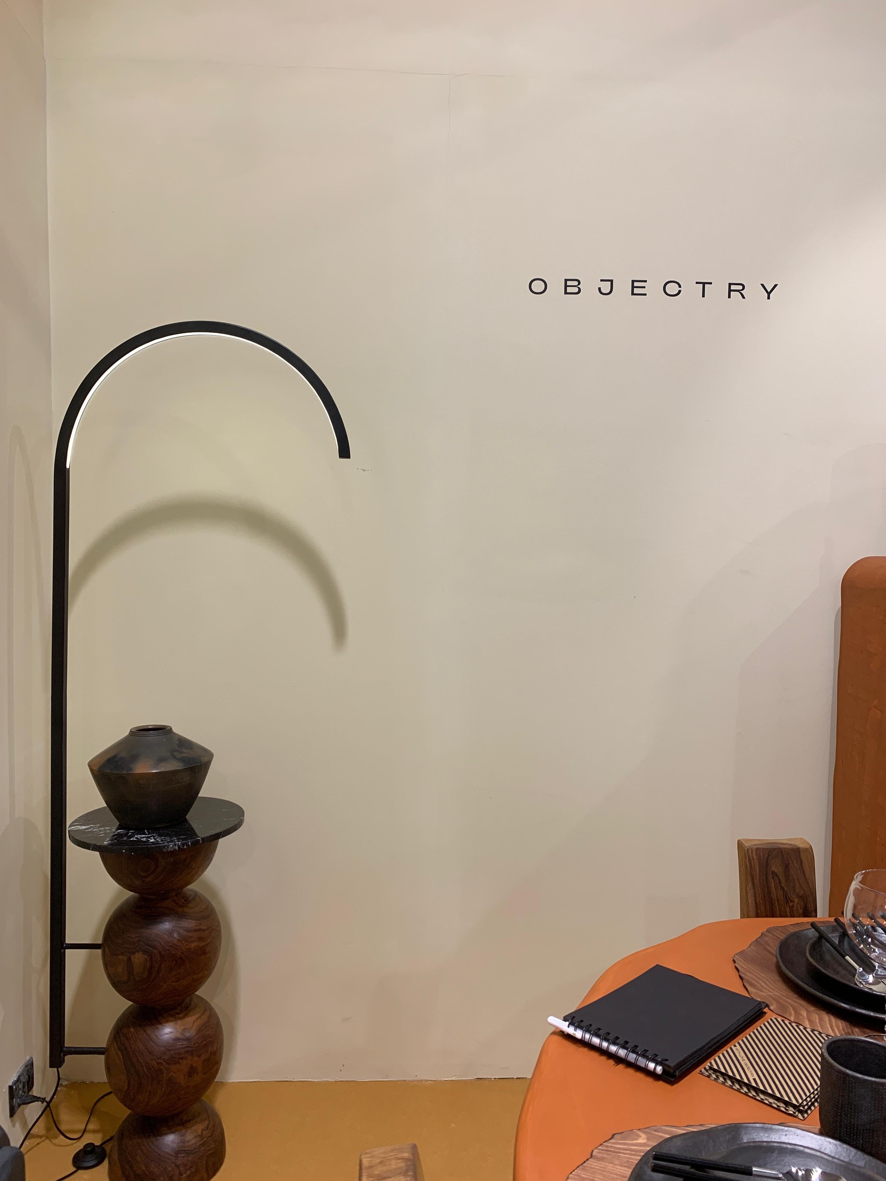 Contemporary Objectry Ball Arc Lamp – Solid Wood Floor Lamp with Subtle Slit Glowing Beam For Sale