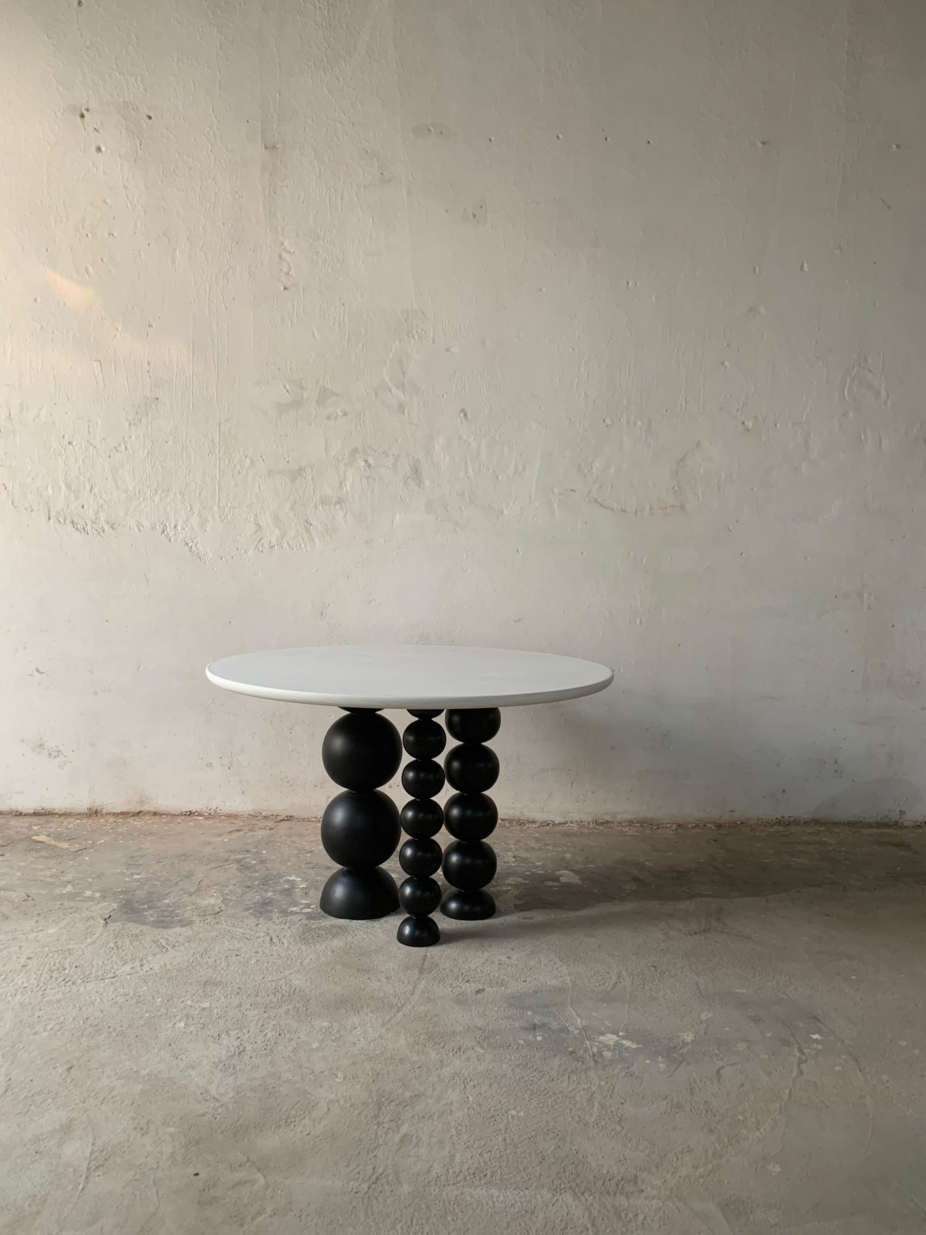 Hand-Crafted Objectry Round Dining Table – White Stucco Top, Carved Wood Base, 4–6 Seater For Sale