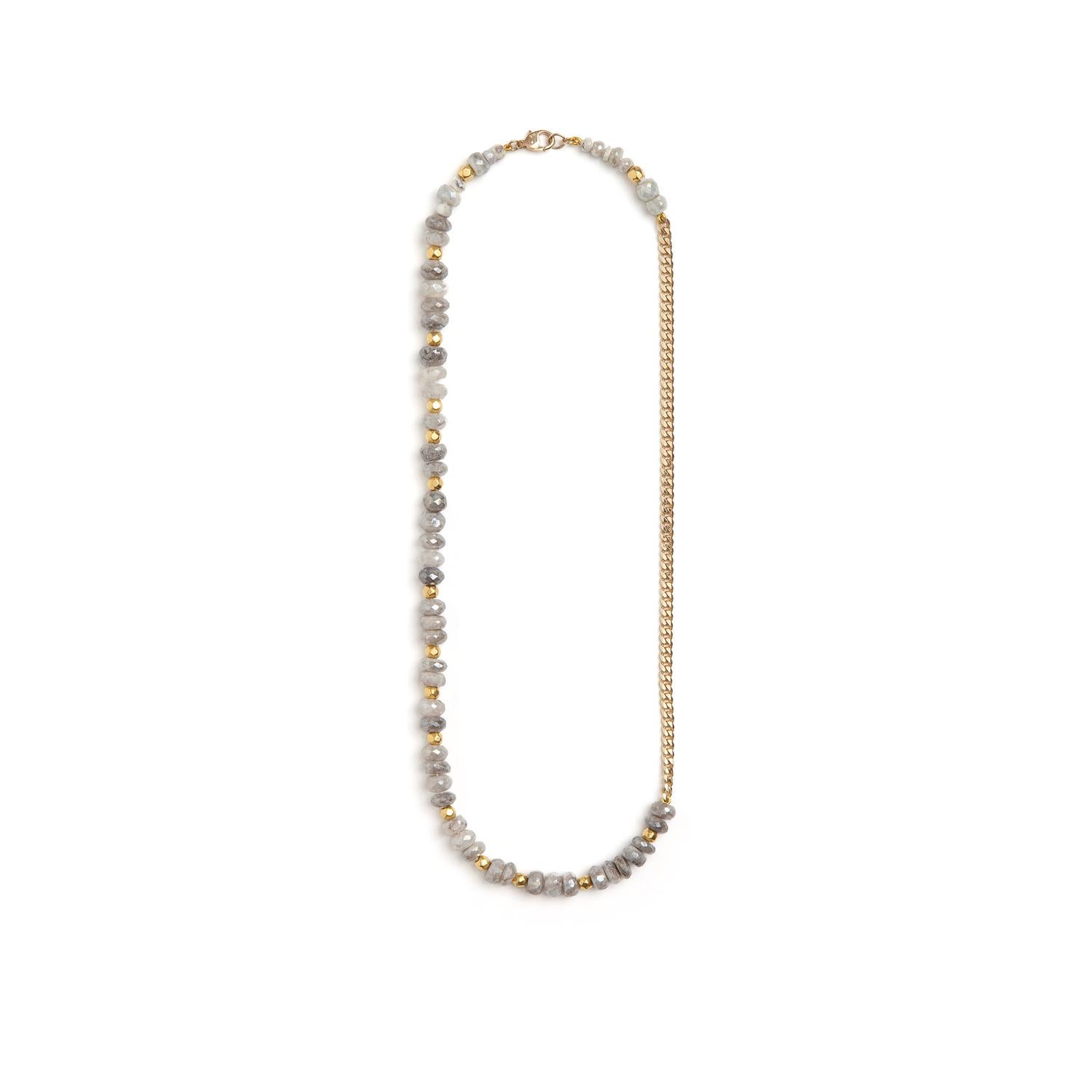 Hand-knotted beaded necklace composed of large white sapphire beads and 18k yellow gold beads, set on a heavy 18k yellow gold curb chain. 
 
18 inches long
Sapphire beads
18k gold beads
18k yellow gold chain

Designed by Objet-a, hand-crafted in New