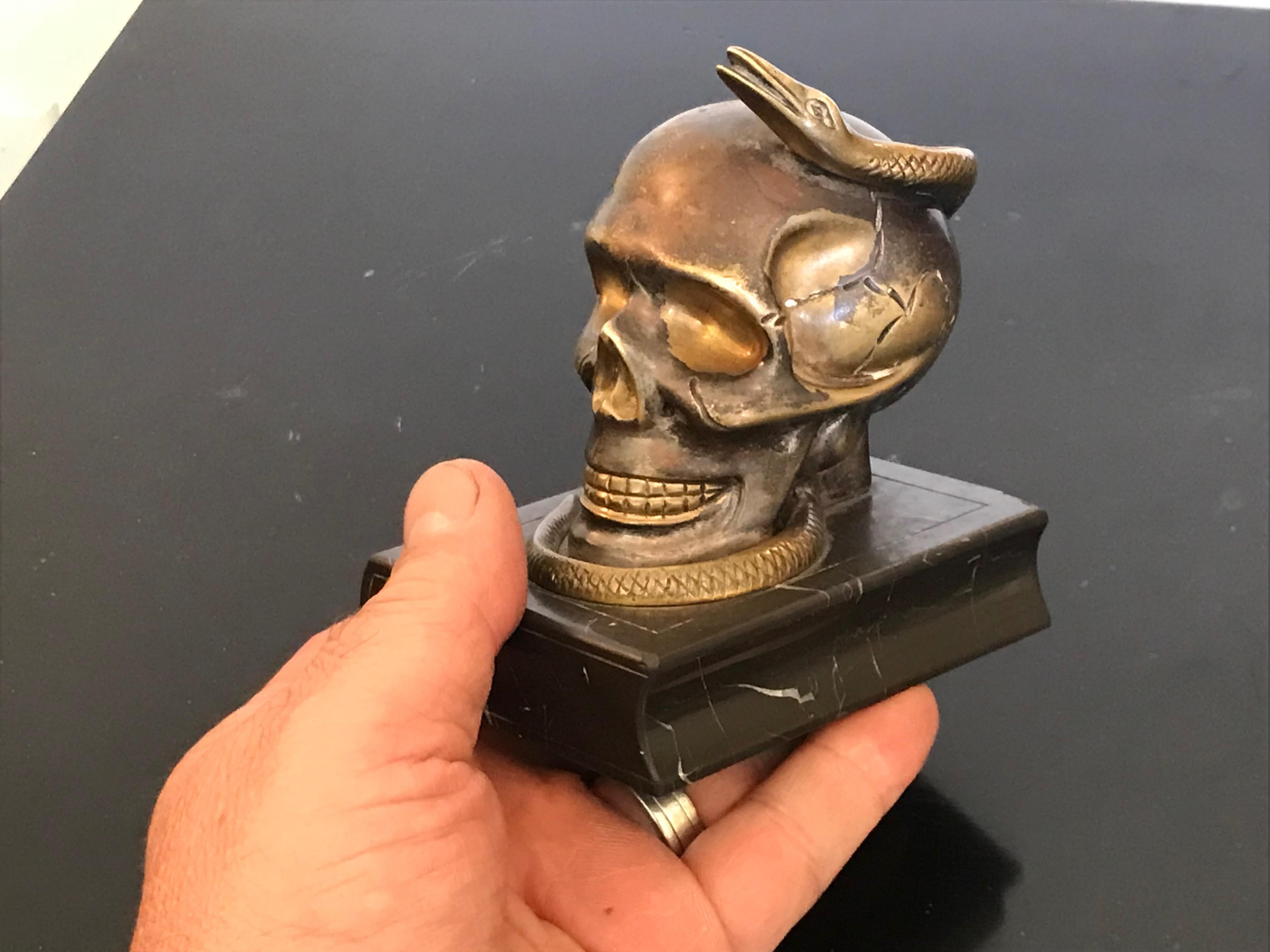 Modern Bronze Skull with Snake Objet d'Art For Sale