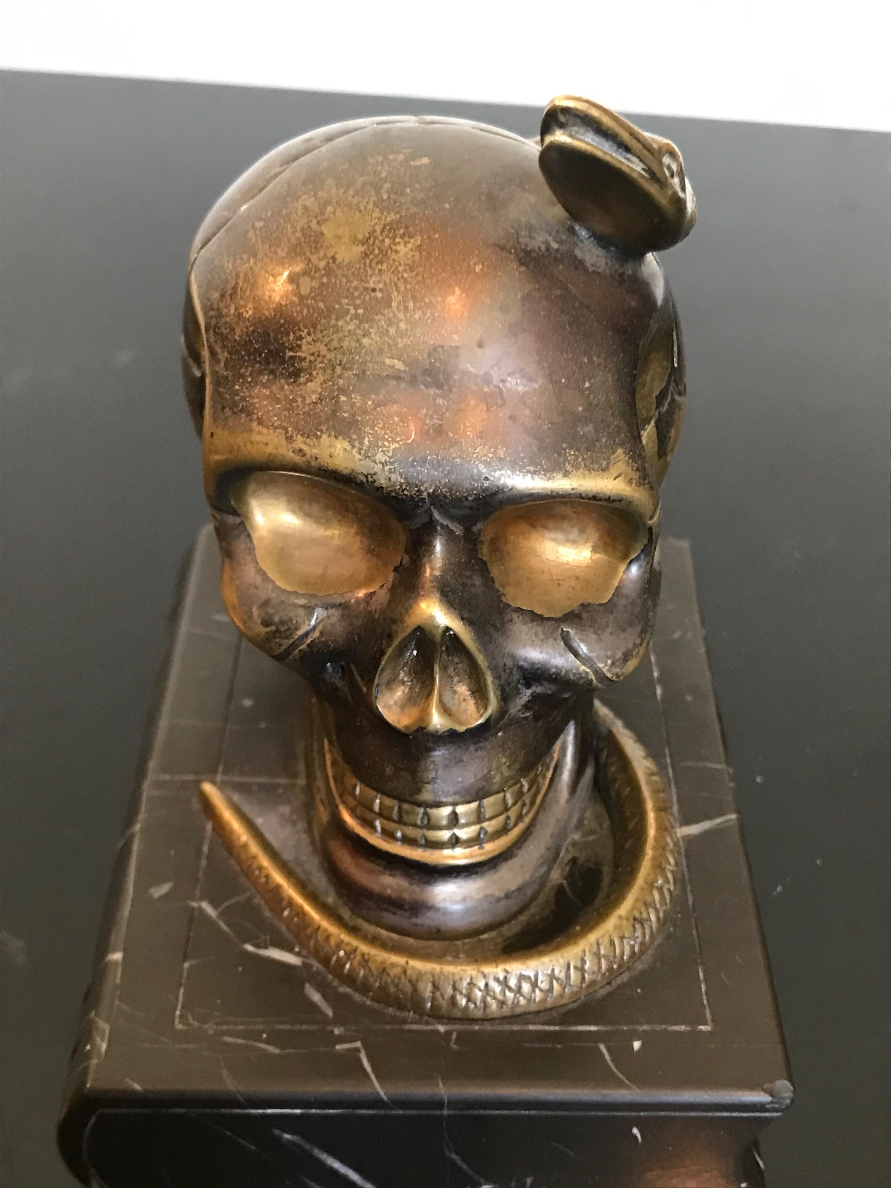 Cast Bronze Skull with Snake Objet d'Art For Sale