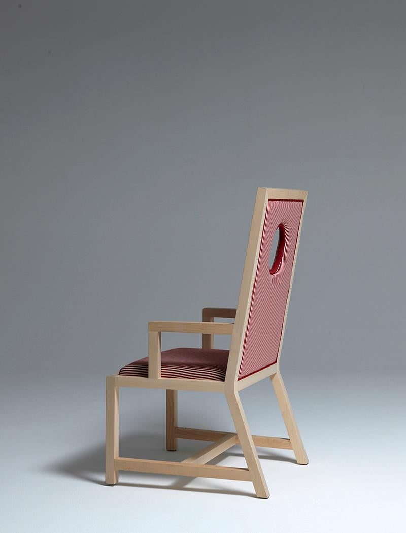 Modern Oblò Maple Wood and Striped Red and White Fabric Armchair by Aldo Cibic