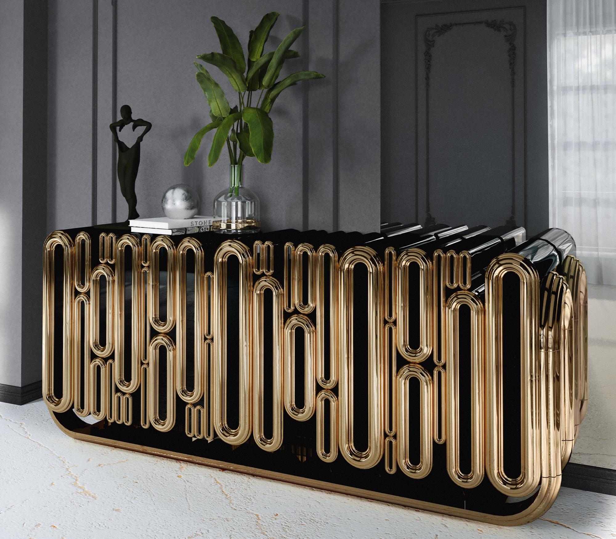 Credenza Oblong in oro invecchiato - Legno e foglia d'oro lavorati a mano - Boca Do Lobo in vendita 7