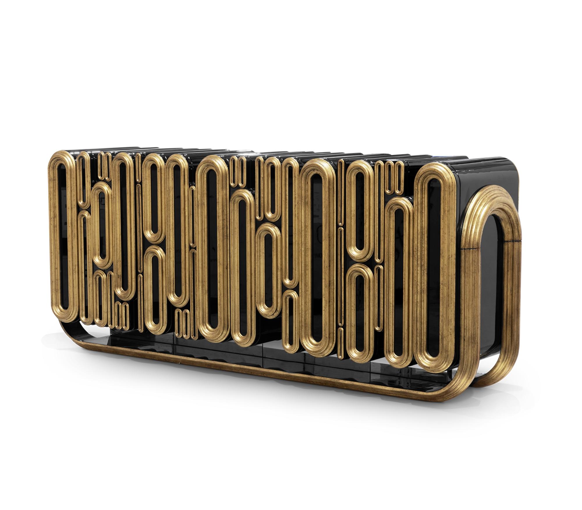 Portoghese Credenza Oblong in oro invecchiato - Legno e foglia d'oro lavorati a mano - Boca Do Lobo in vendita
