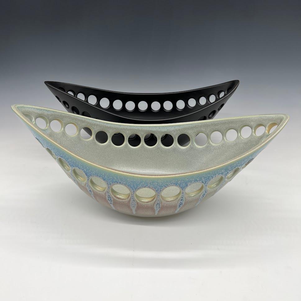 Arts and Crafts Oblong Ceramic Fruit Bowl with Green/Blue Satin Glaze, in Stock For Sale