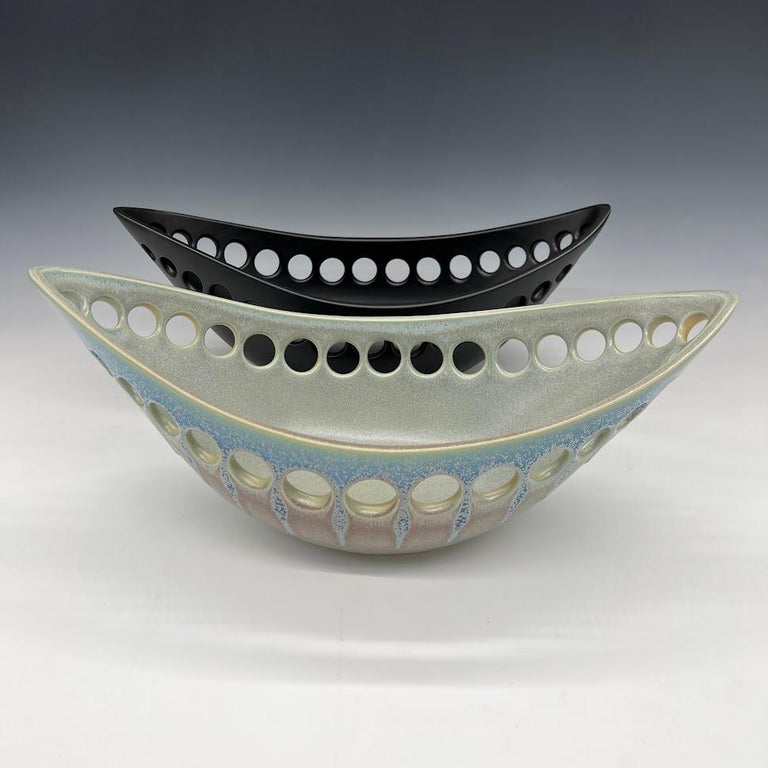 Oblong Ceramic Fruit Bowl with Green/Blue Satin Glaze, in Stock For