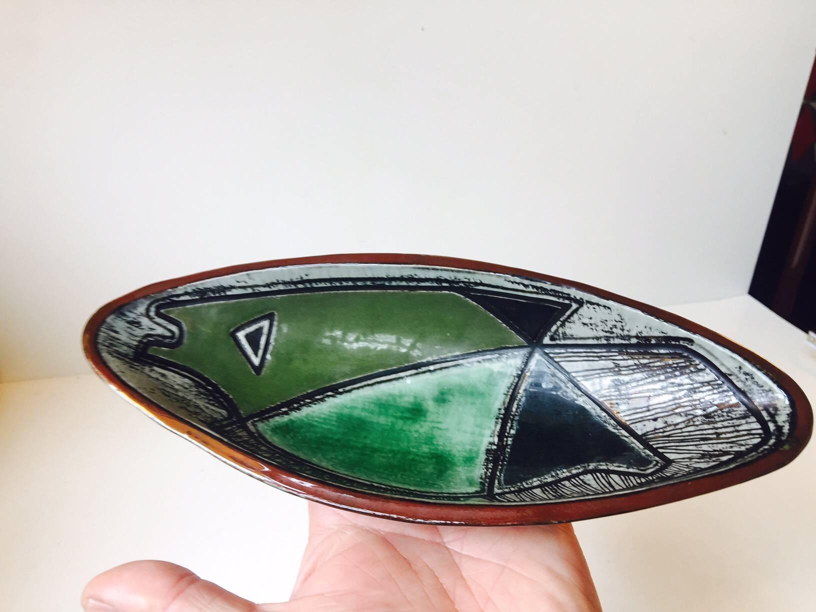 Mid-20th Century Oblong Danish Modernist Pottery Dish by Astrid Tjalk for Kähler, 1950s For Sale
