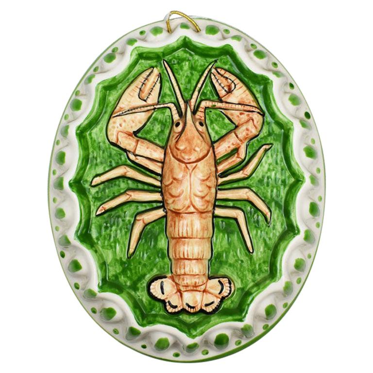 Oblong Decorative Ceramic Lobster Mold Wall Hanging in Green and Orange