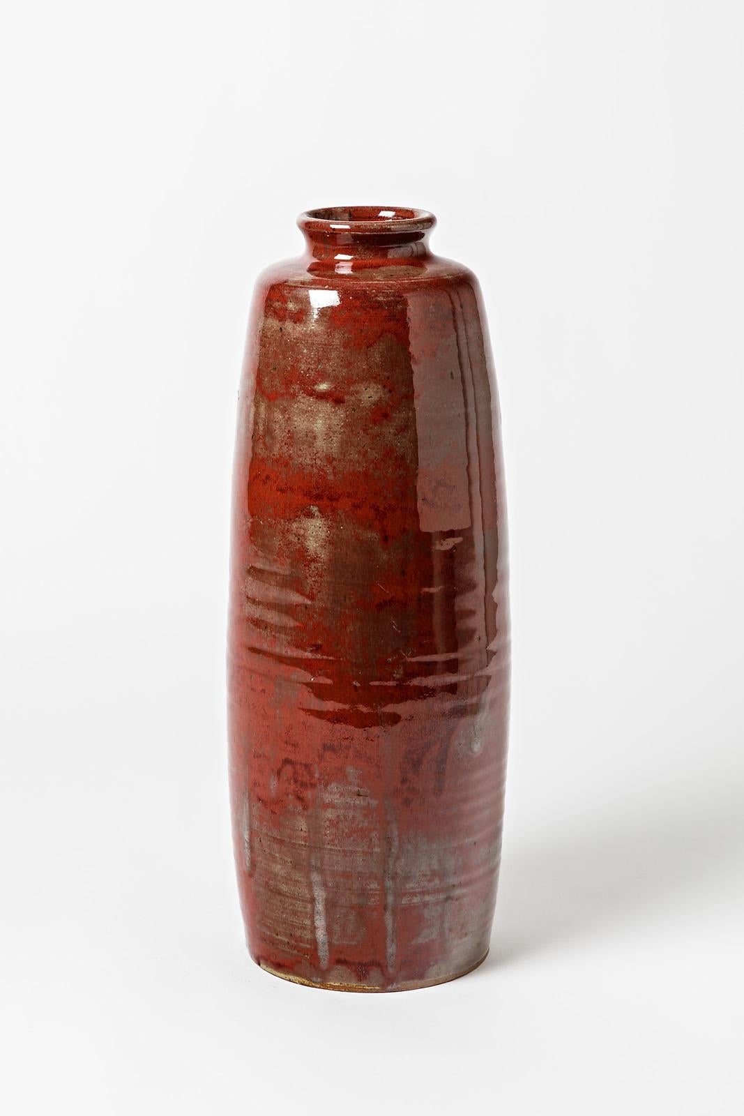 Beaux Arts Oblong glazed stoneware vase with « oxblood red » by Roger Jacques For Sale