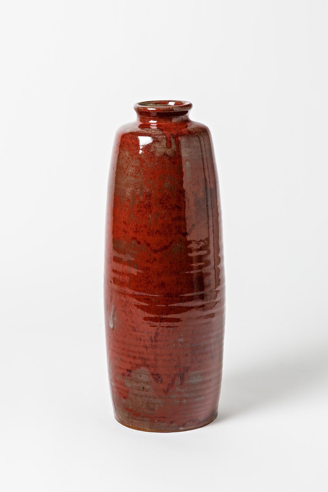 French Oblong glazed stoneware vase with « oxblood red » by Roger Jacques For Sale