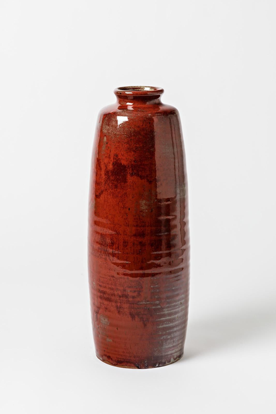 Oblong glazed stoneware vase with « oxblood red » by Roger Jacques In Excellent Condition For Sale In Saint-Ouen, FR