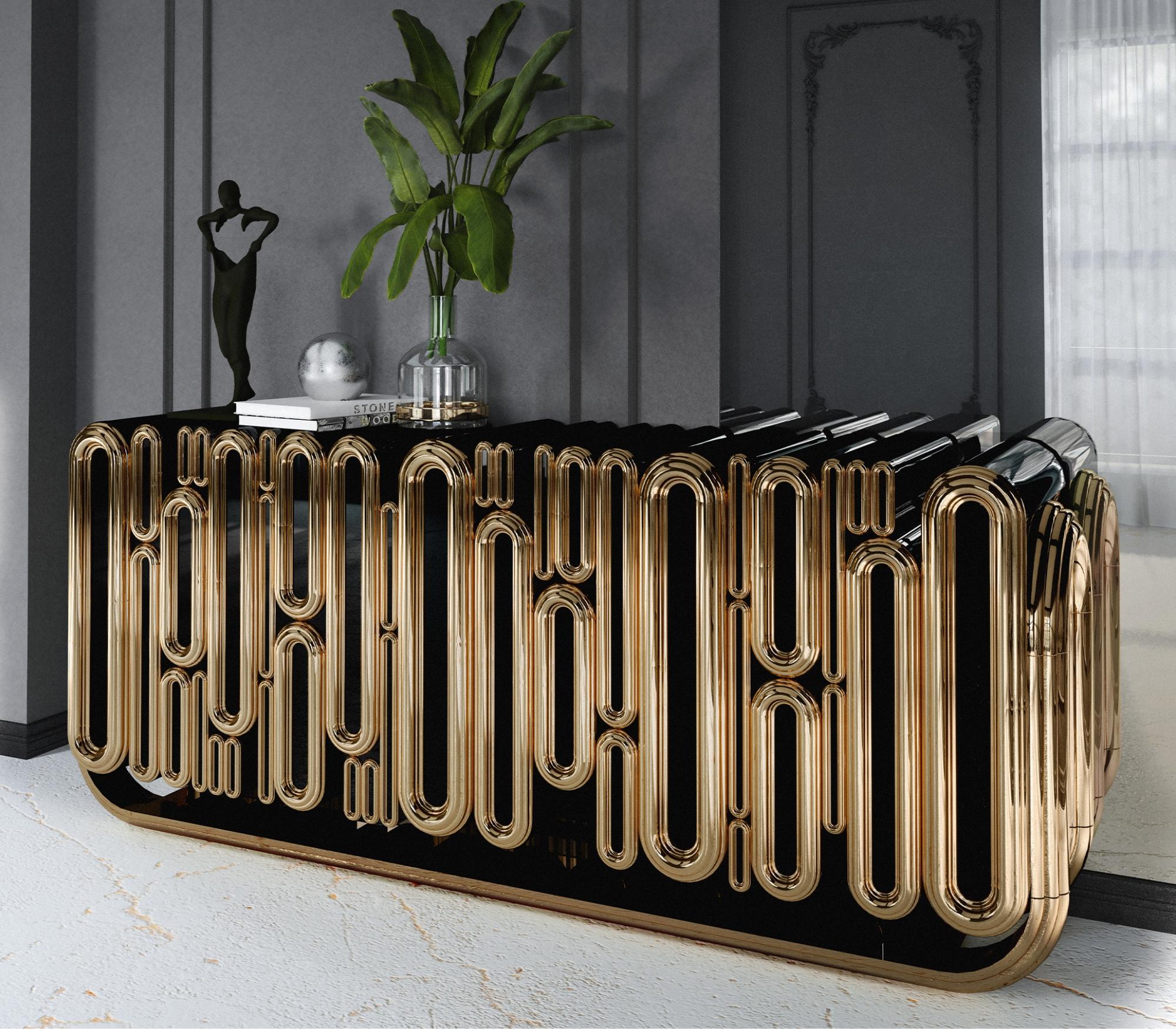 Langes Sideboard aus Gold – handgefertigtes Holz und Blattgold – Boca do Lobo, länglich im Angebot 1