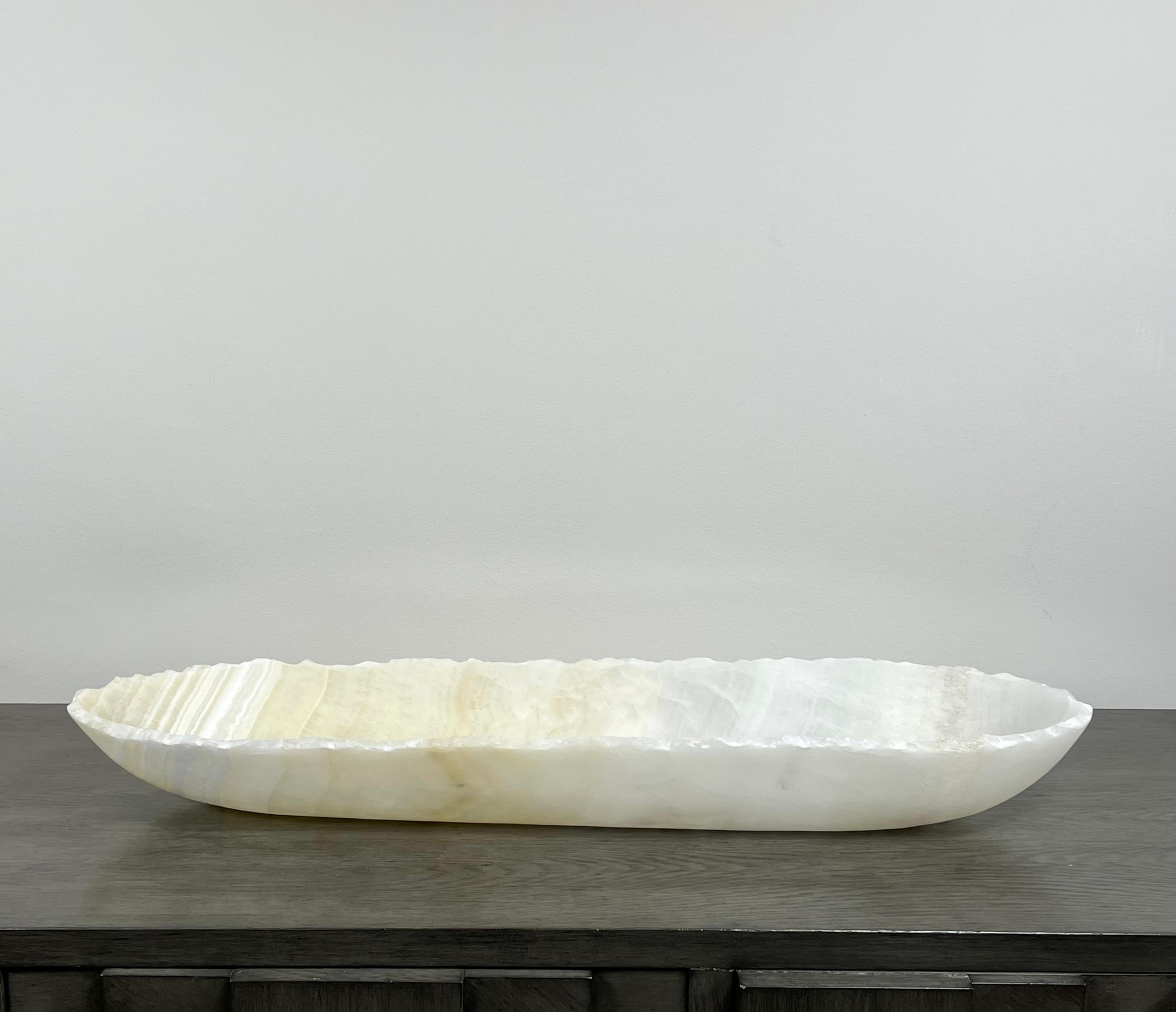 Modern Oblong Striated Hand Carved Onyx Bowl For Sale