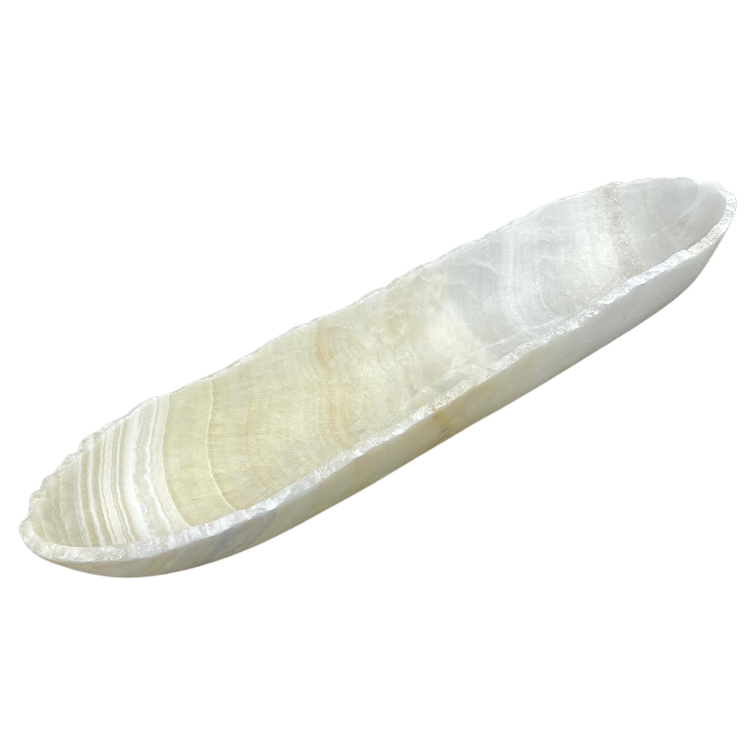 Oblong Striated Hand Carved Onyx Bowl For Sale