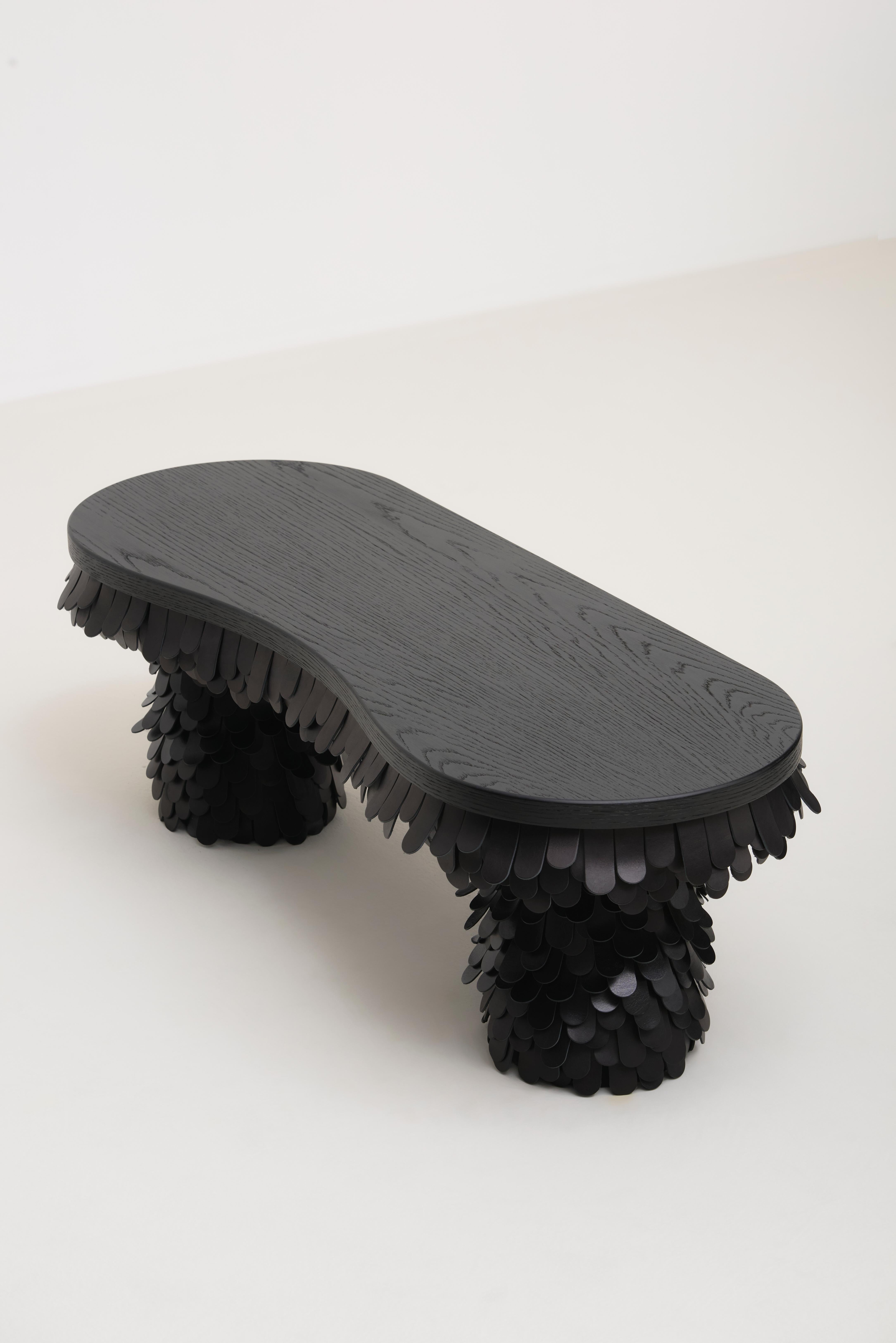 Organic Modern oblong textured organic black leather and wood bench For Sale