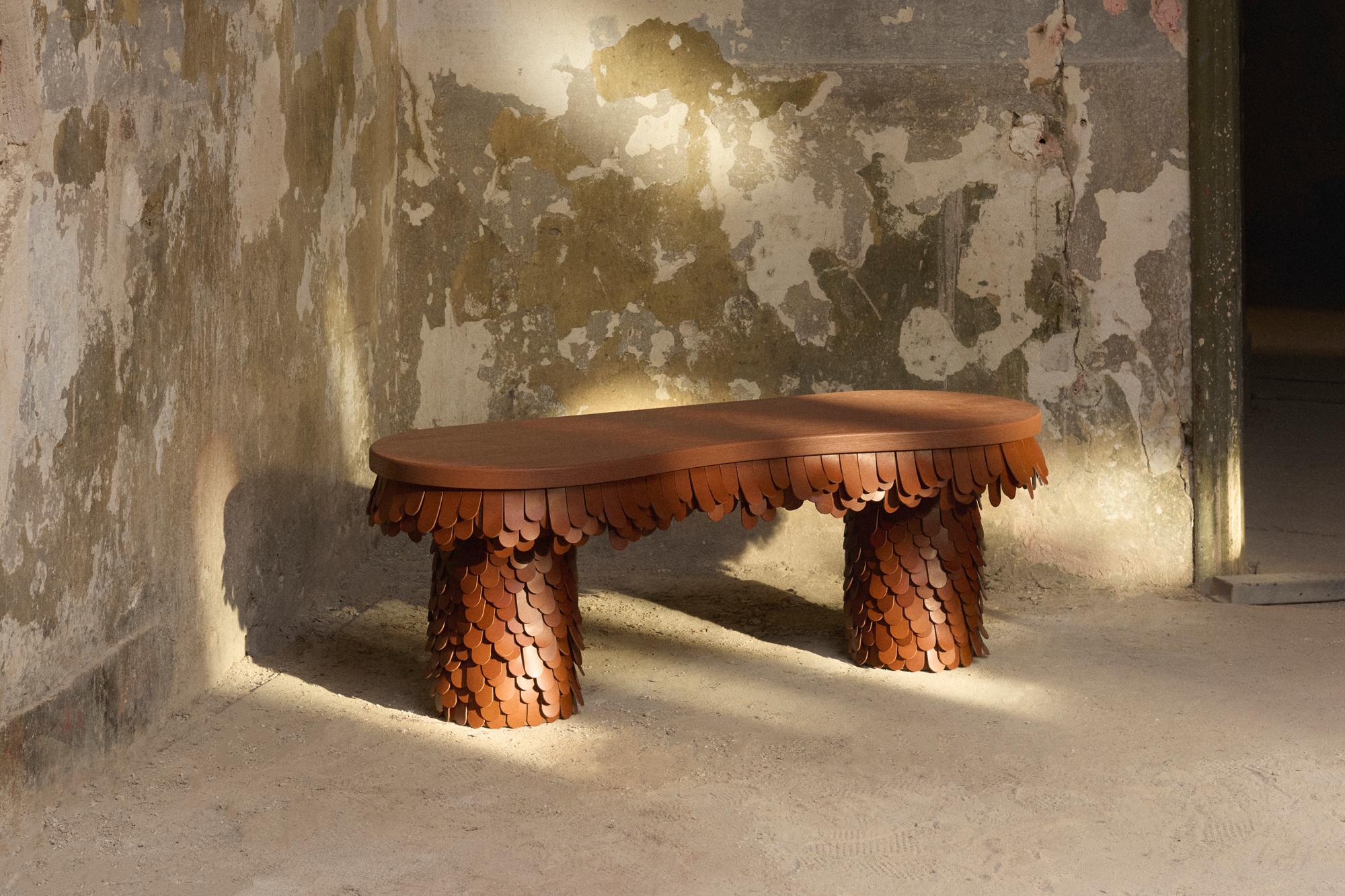 Leather oblong textured organic black leather and wood bench For Sale