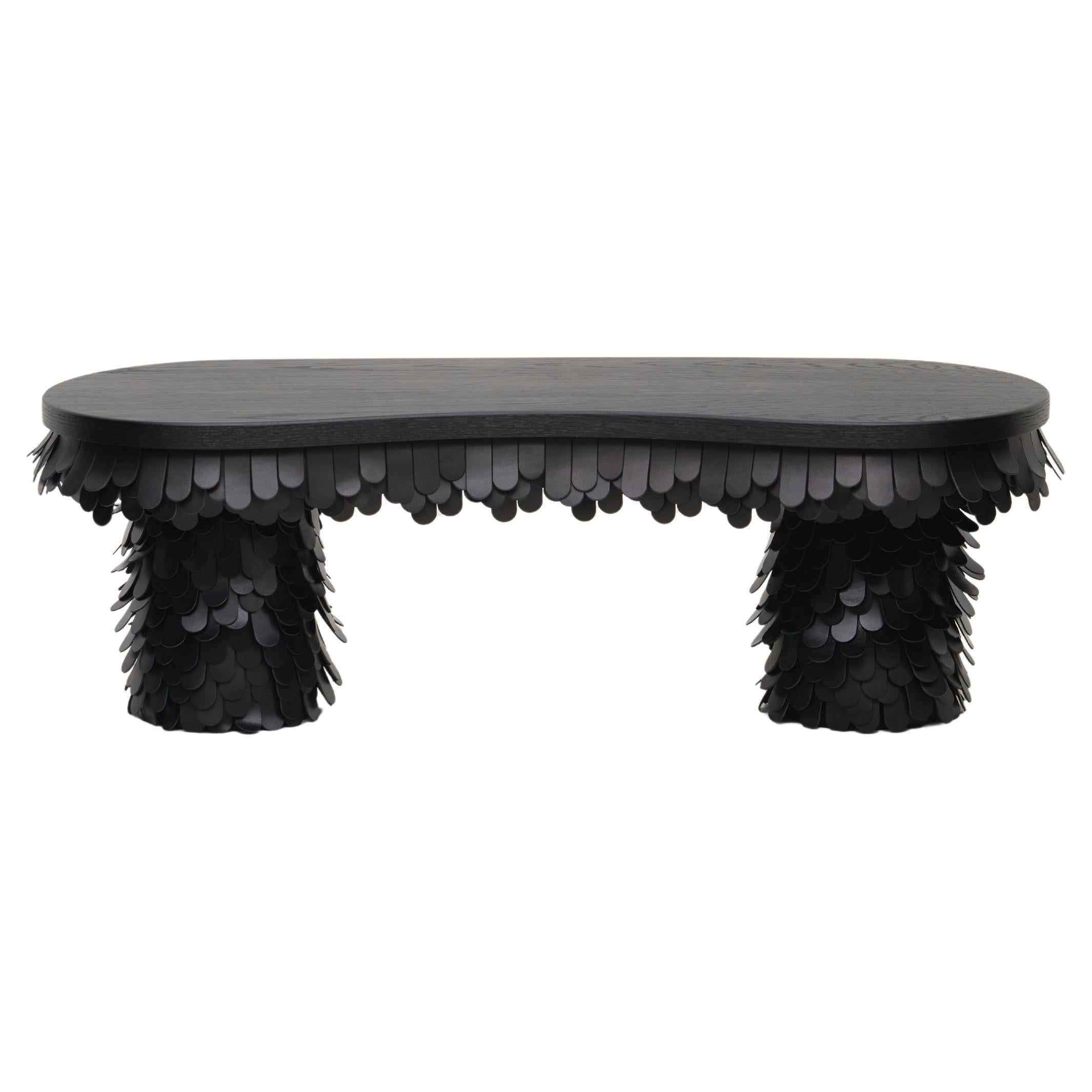 oblong textured organic black leather and wood bench For Sale