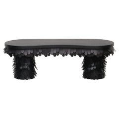 oblong textured organic black leather and wood bench