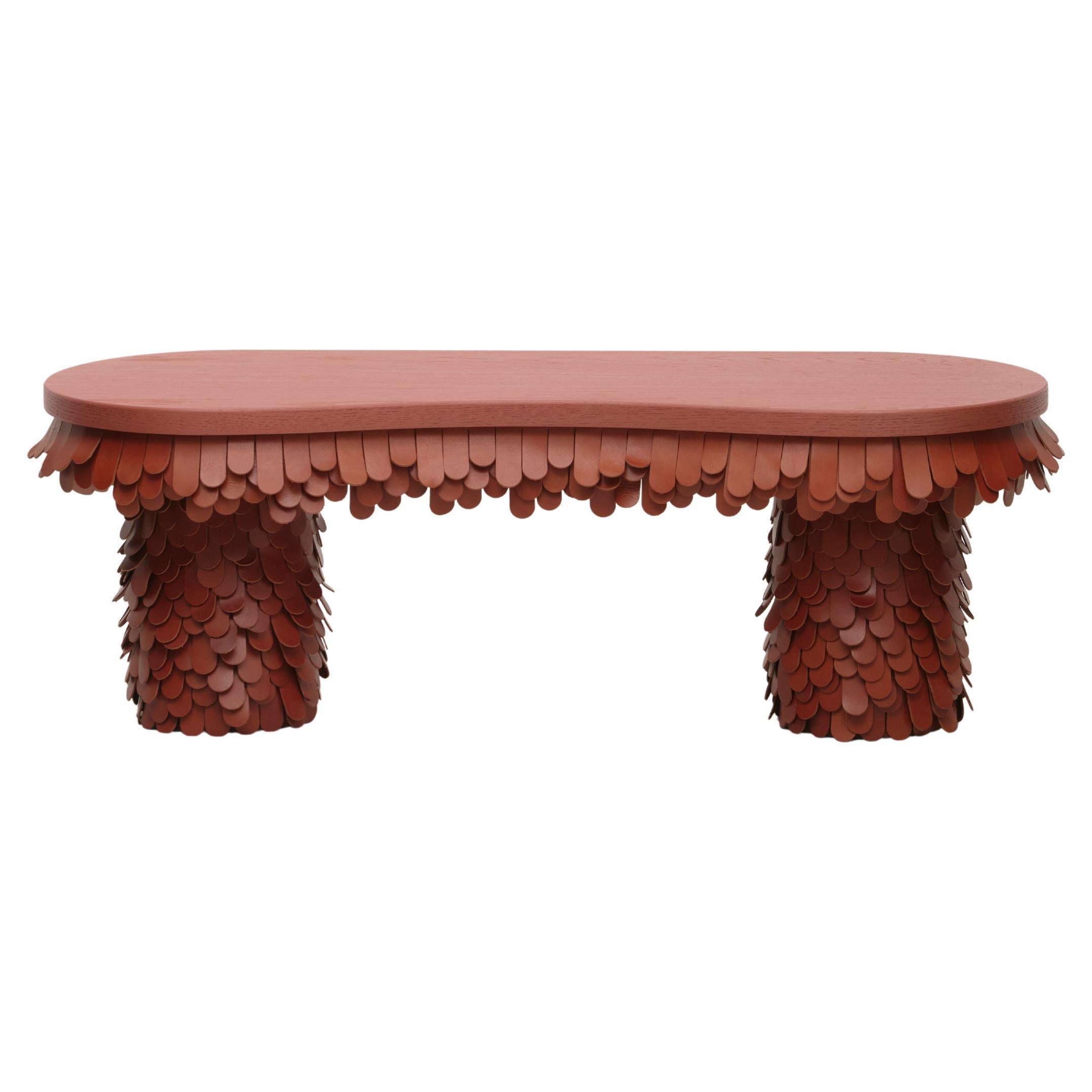oblong textured organic brown leather and wood bench