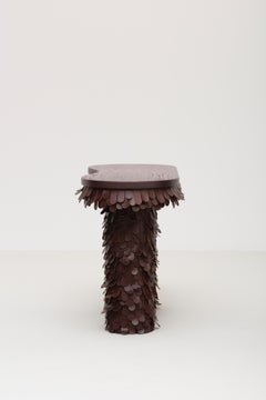 oblong textured organic brown leather and wood console