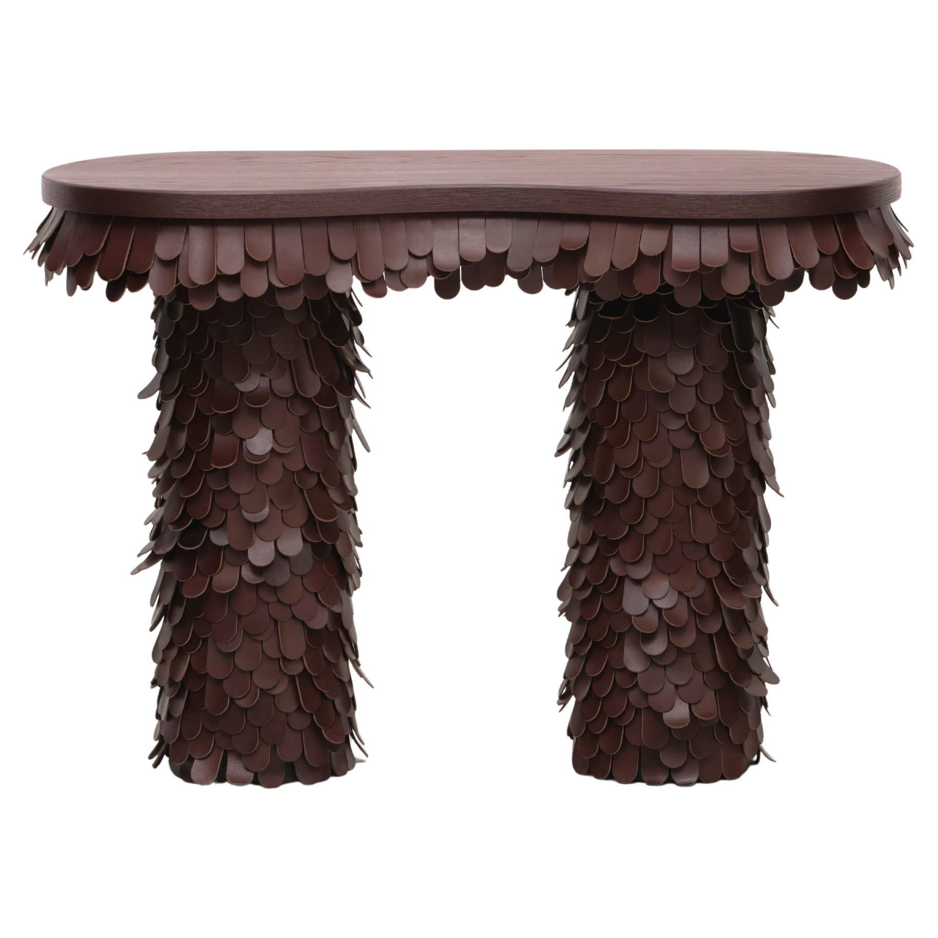 console oblongue en cuir organique texturé marron et Wood Wood