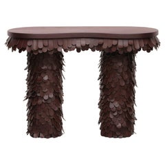 oblong textured organic brown leather and wood console