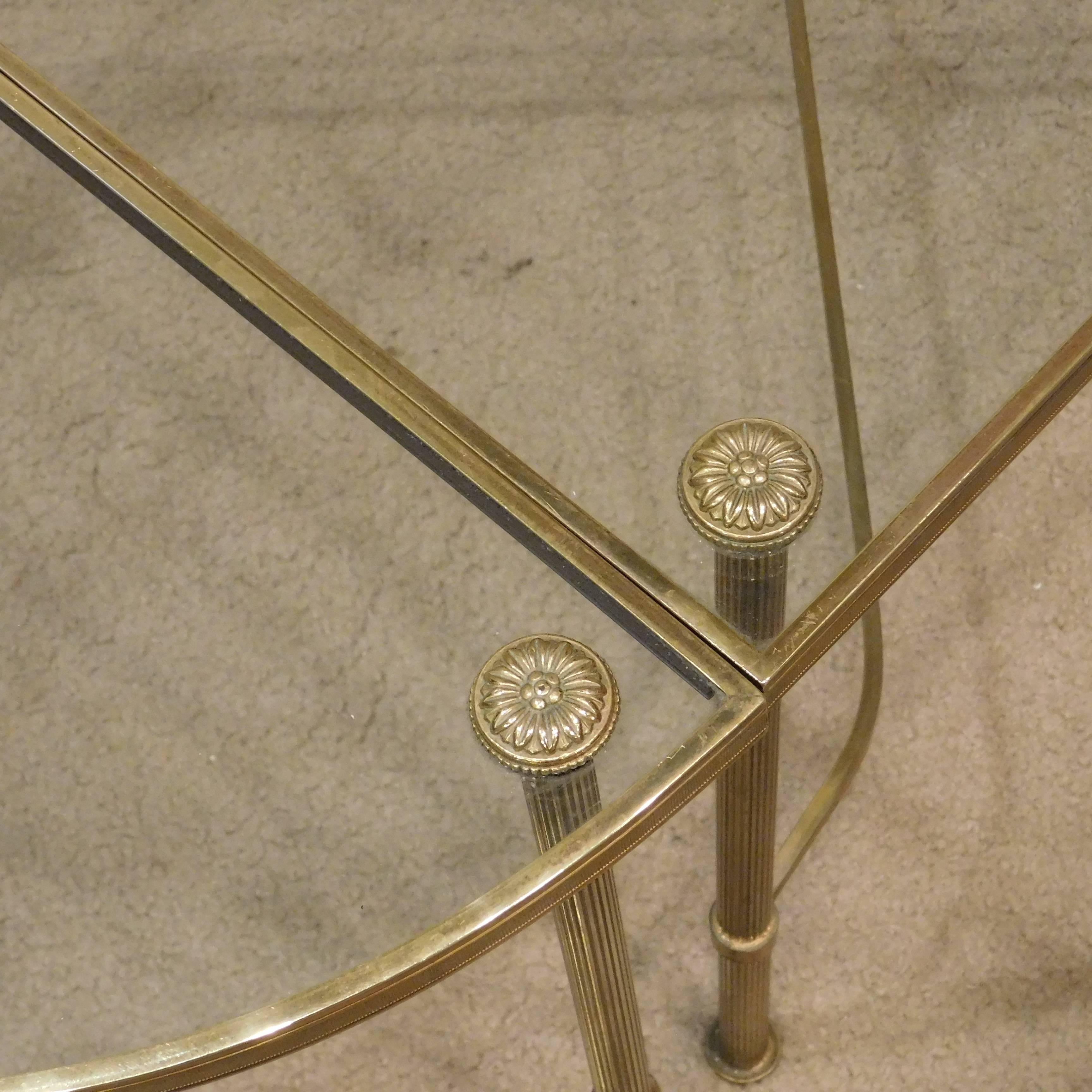 Oblong Three-Part Brass and Glass Coffee Table, France, circa 1940 In Excellent Condition In Alexandria, VA
