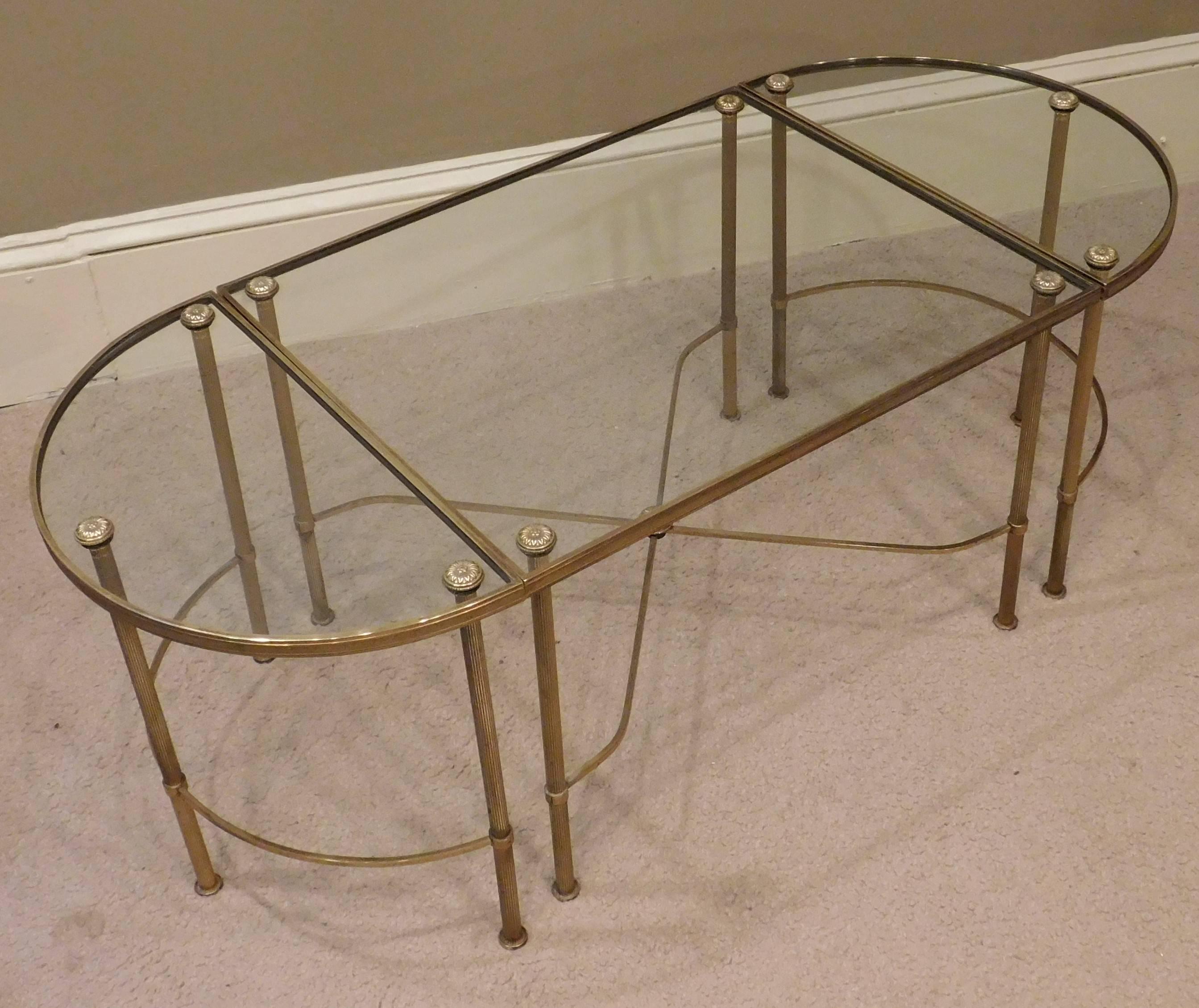 Oblong Three-Part Brass and Glass Coffee Table, France, circa 1940 1