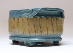 Oblong Vintage Blue and Ochre Studio Pottery Planter Vase by Deanna Nichols