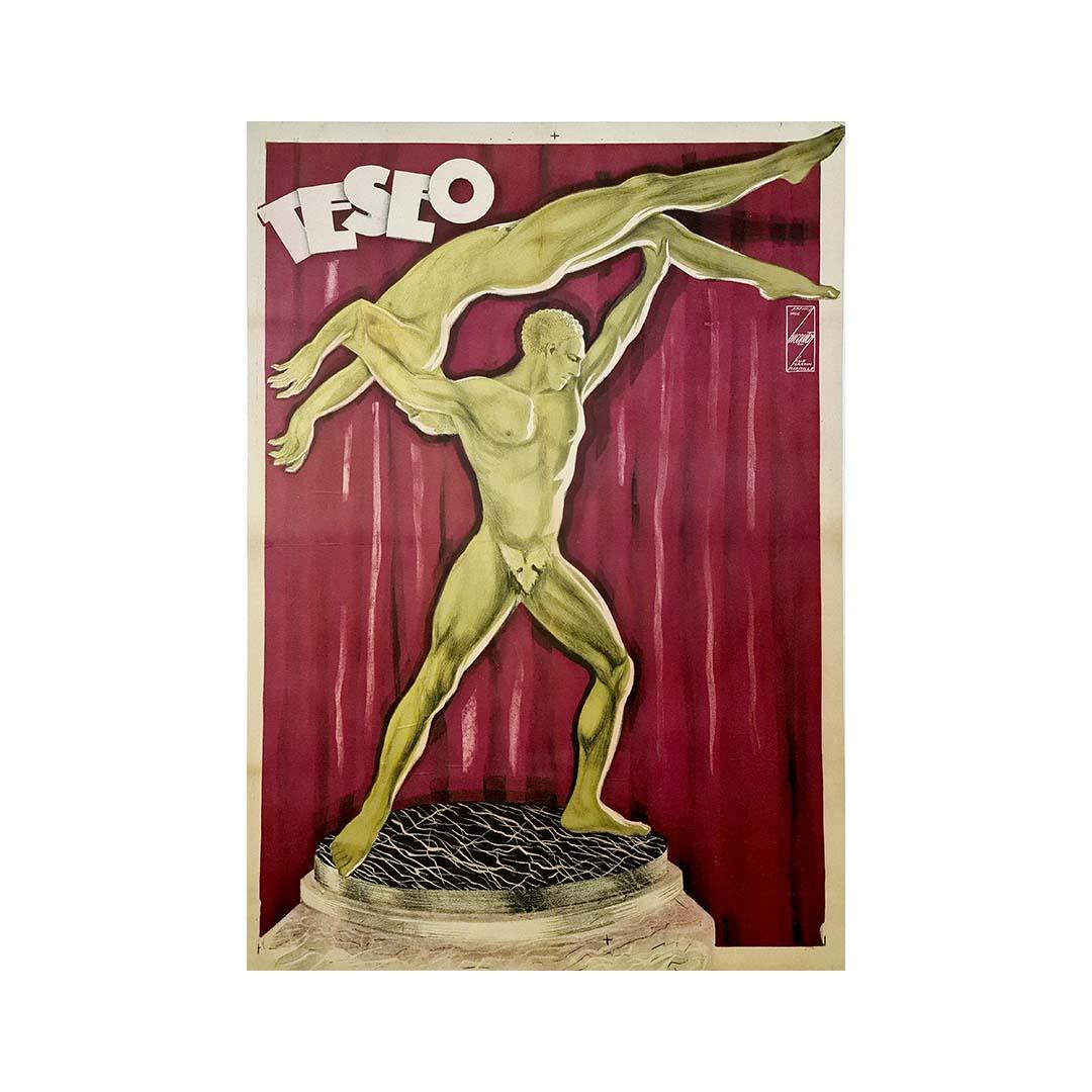 This striking original poster from the early 1930s advertises the spectacle of Teseo, a theatrical or circus-style performance that evokes the grandeur and drama of classical mythology. Created by the artist Nicolitch, the image captures a powerful