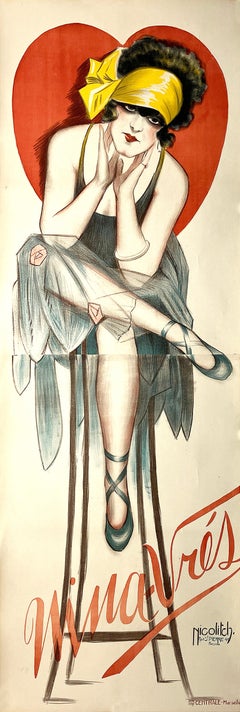 Original Vintage Nina Vres Poster Red Heart by Obrad Nicolitch c1920