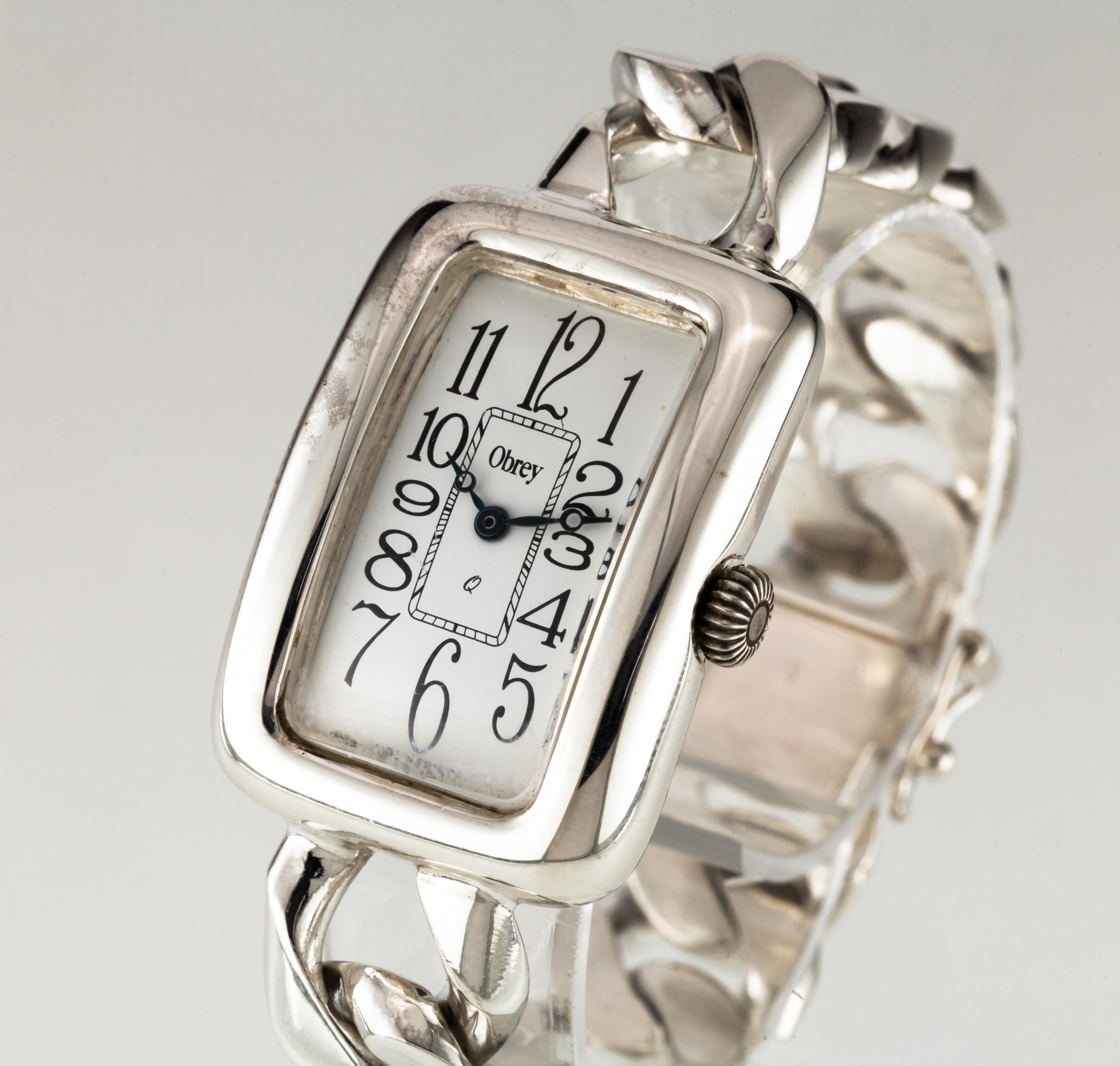 Obrey Rectangular Sterling Silver Quartz Watch w/Link Band gr