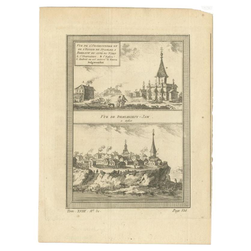 Antique print titled 'Vue de l'Observatoire et de l 'Eglise de Spaskaia (..)'. Copper engraving of the Observatory and the Church of Spakaia at Beryozovo on the North side. Below, a view of Demyanskoye, Tyumen Oblast. This print originates from