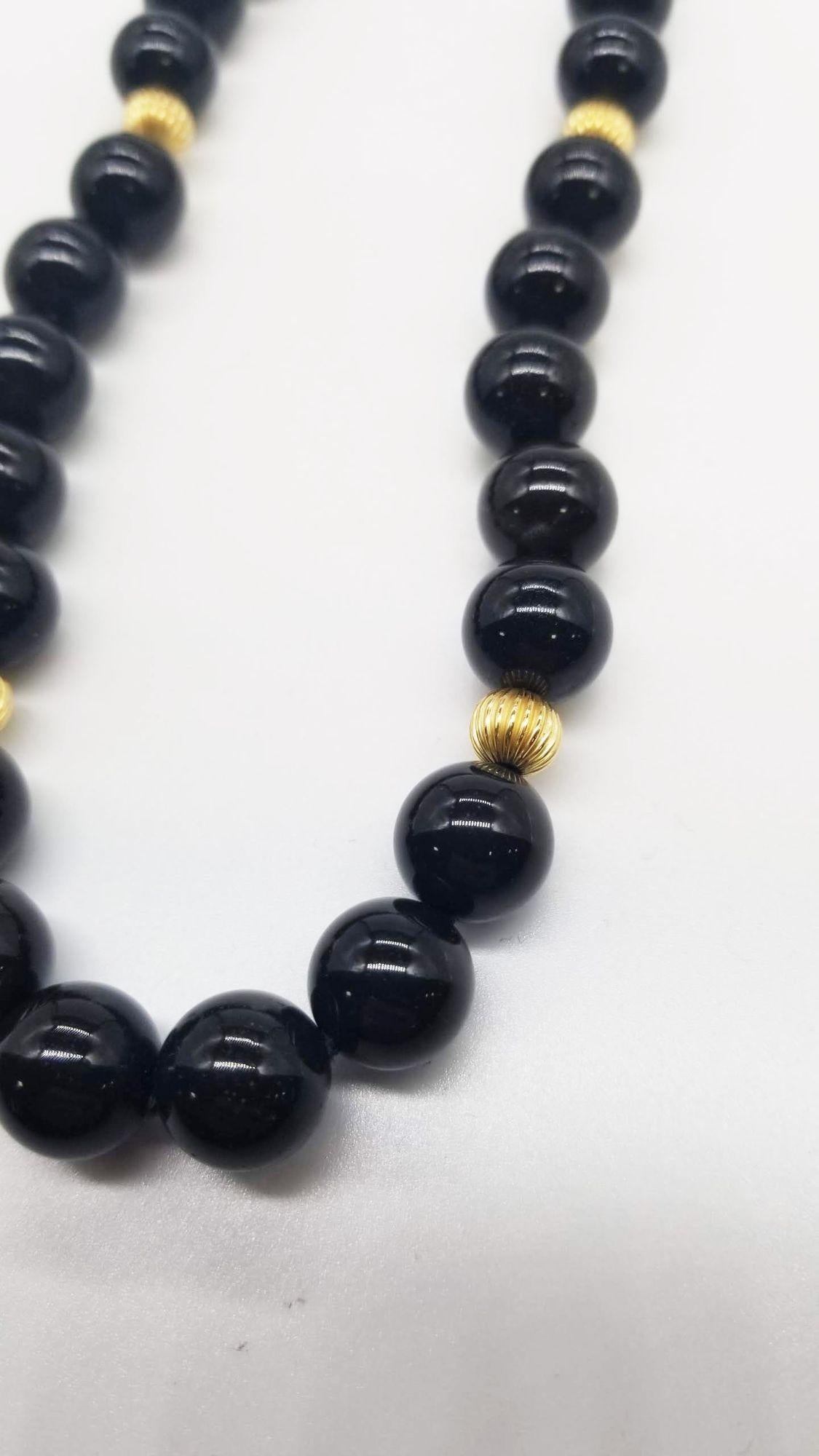 Obsidian and Gold Beaded Necklace 14k Gold 26.5