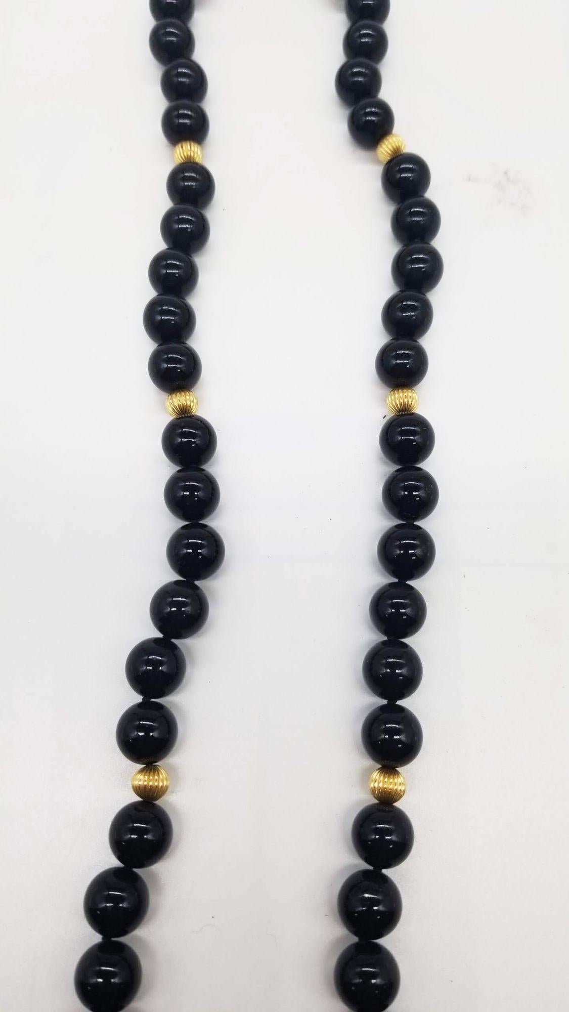20ième siècle Collier de perles d'obsidienne et d'or 14k 26.5