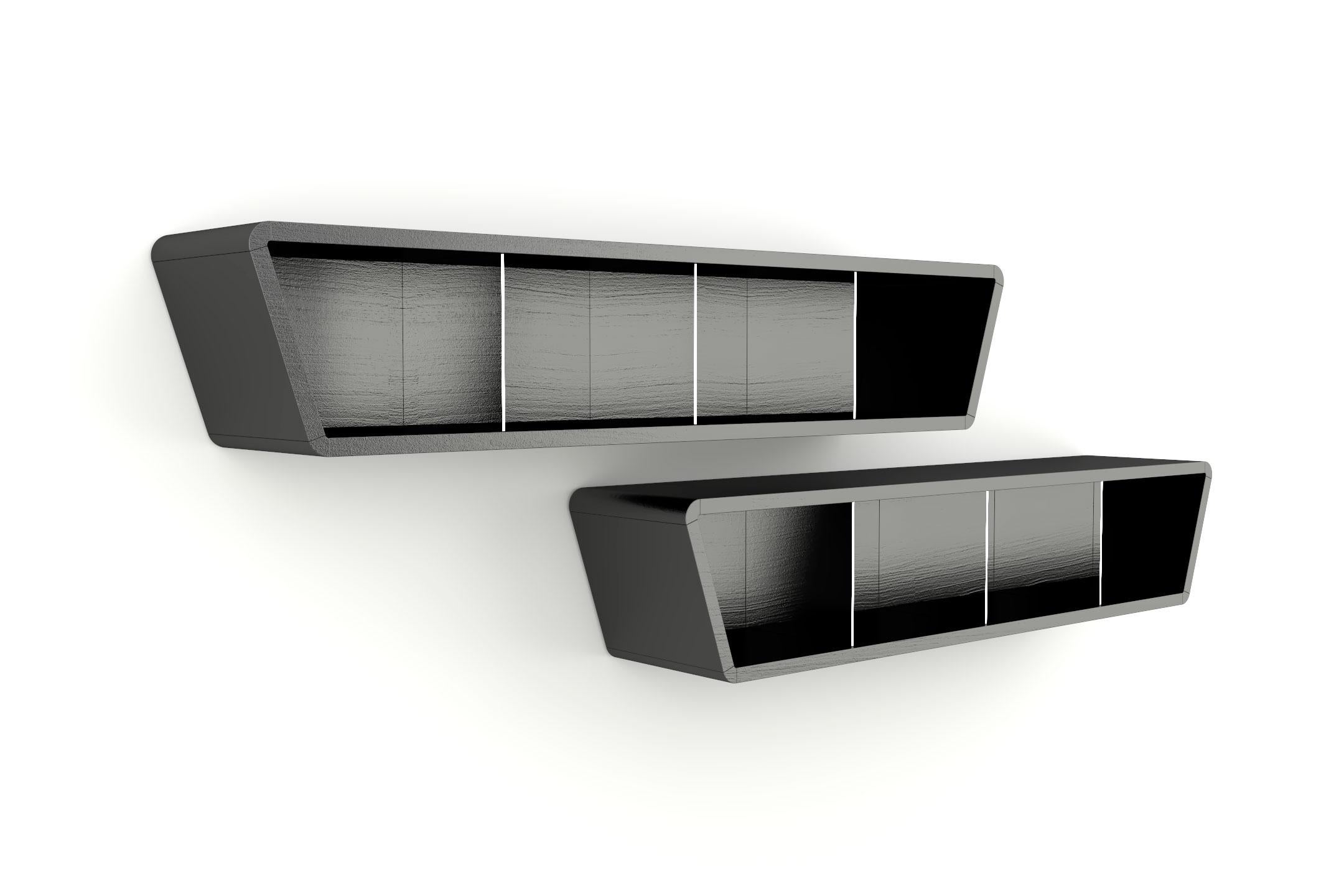 European Obsidian Bookshelf - Modern Black Lacquered Bookshelf with Steel Dividers For Sale