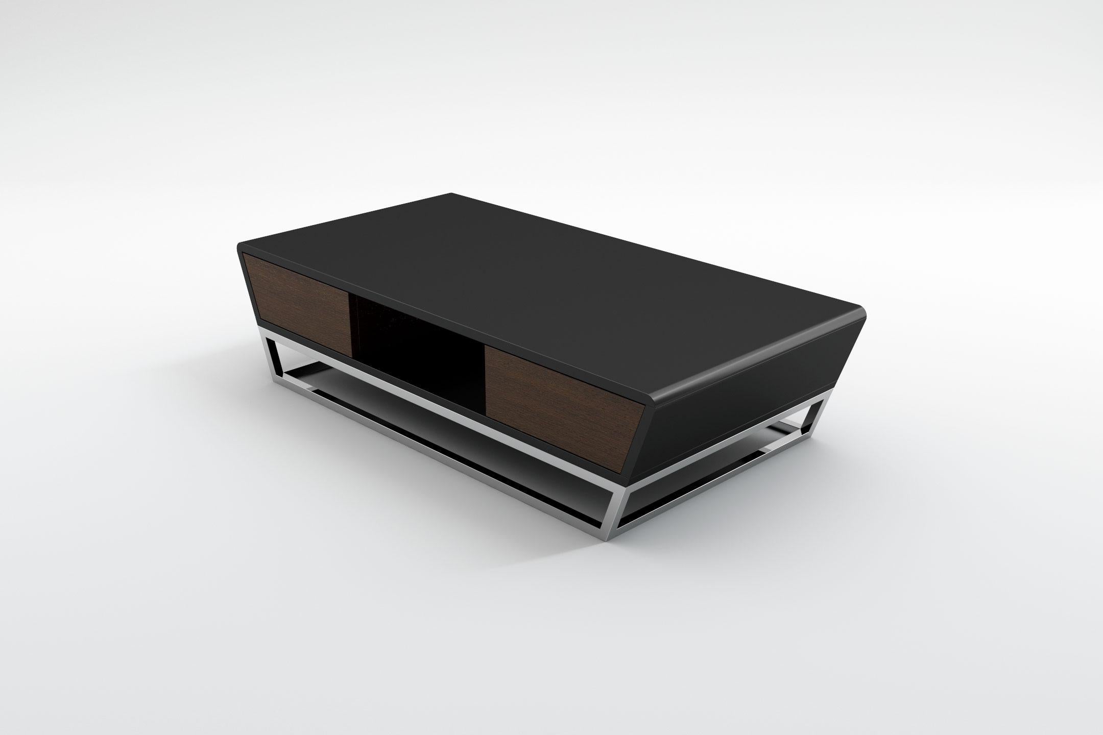 Obsidian Coffee Table - Modern Black Lacquered Table with Stainless Steel Base In New Condition For Sale In London, GB