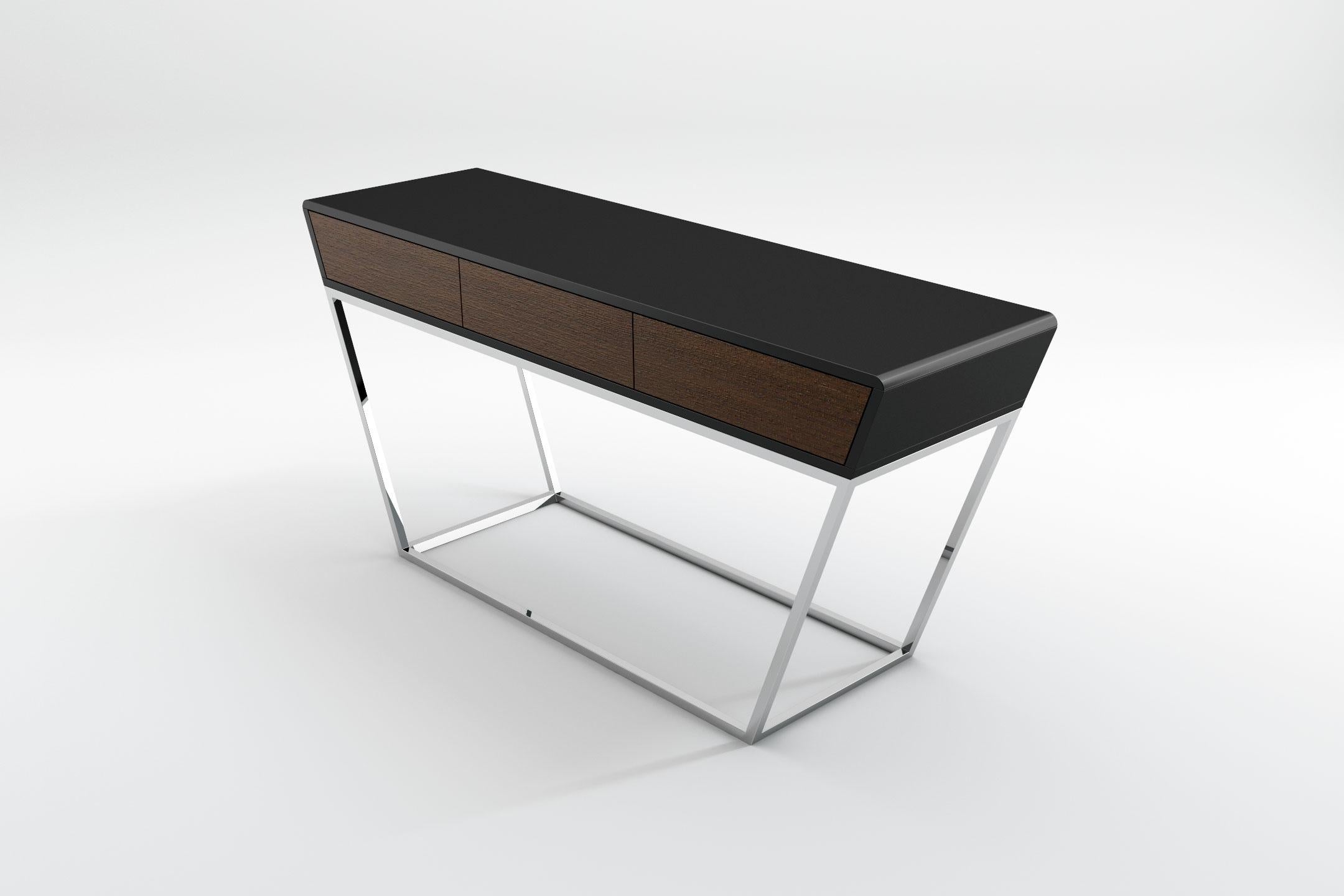 European Obsidian Console - Modern Black Lacquered Console with Stainless Steel Base For Sale