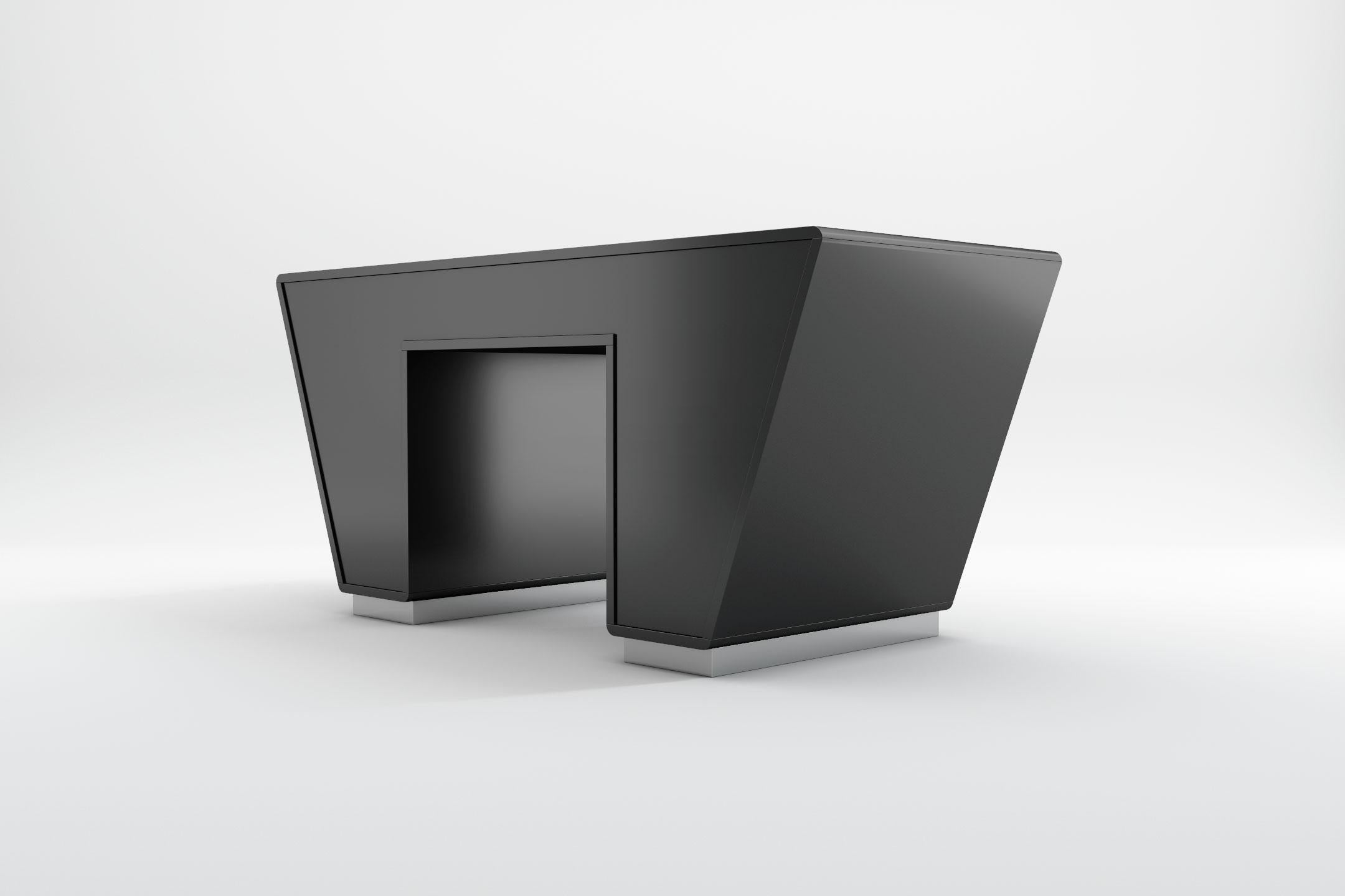 Obsidian-Schreibtisch – moderner schwarz lackierter Schreibtisch mit verchromtem Sockel (Moderne) im Angebot