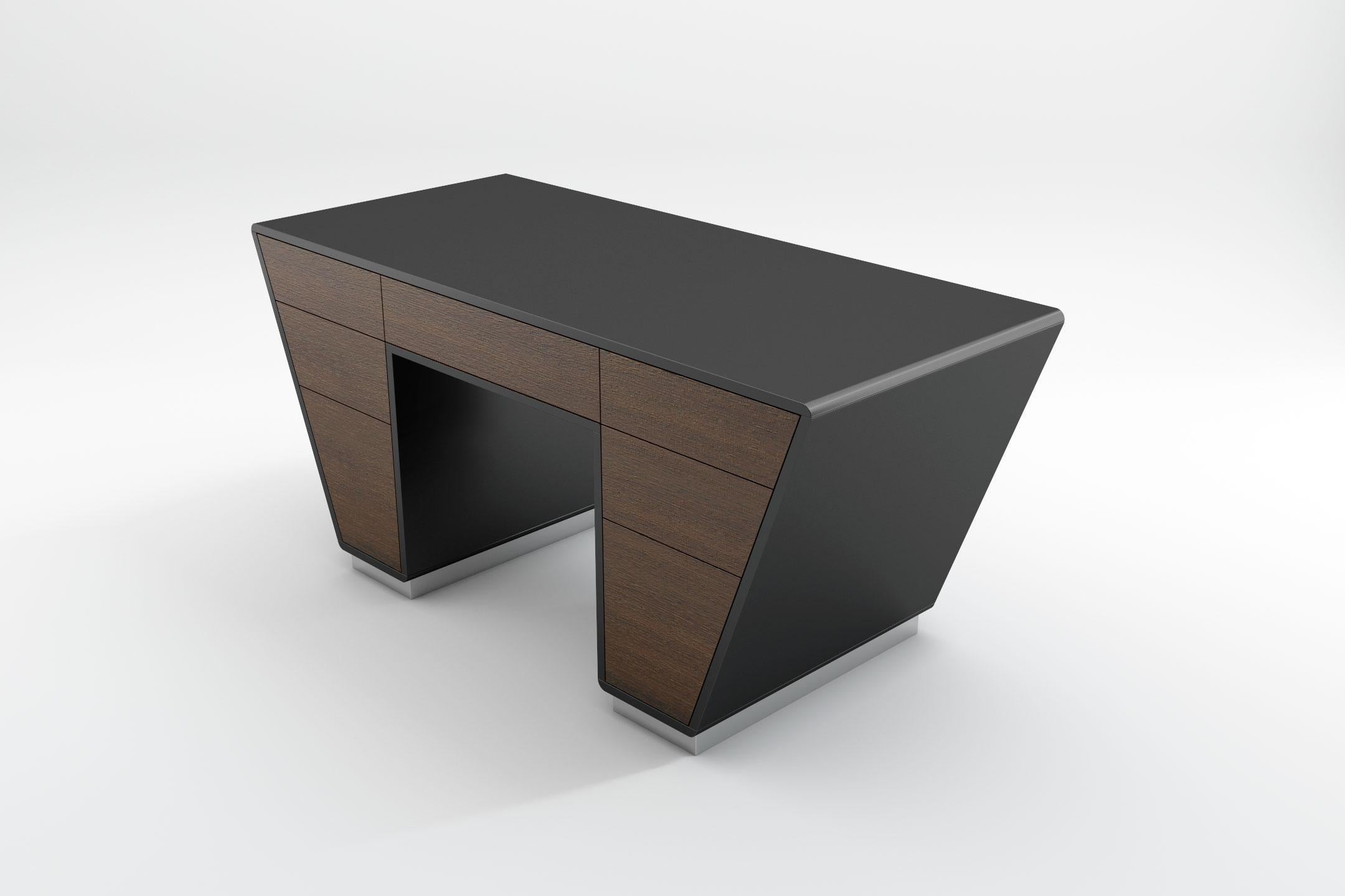 Obsidian-Schreibtisch – moderner schwarz lackierter Schreibtisch mit verchromtem Sockel (Europäisch) im Angebot