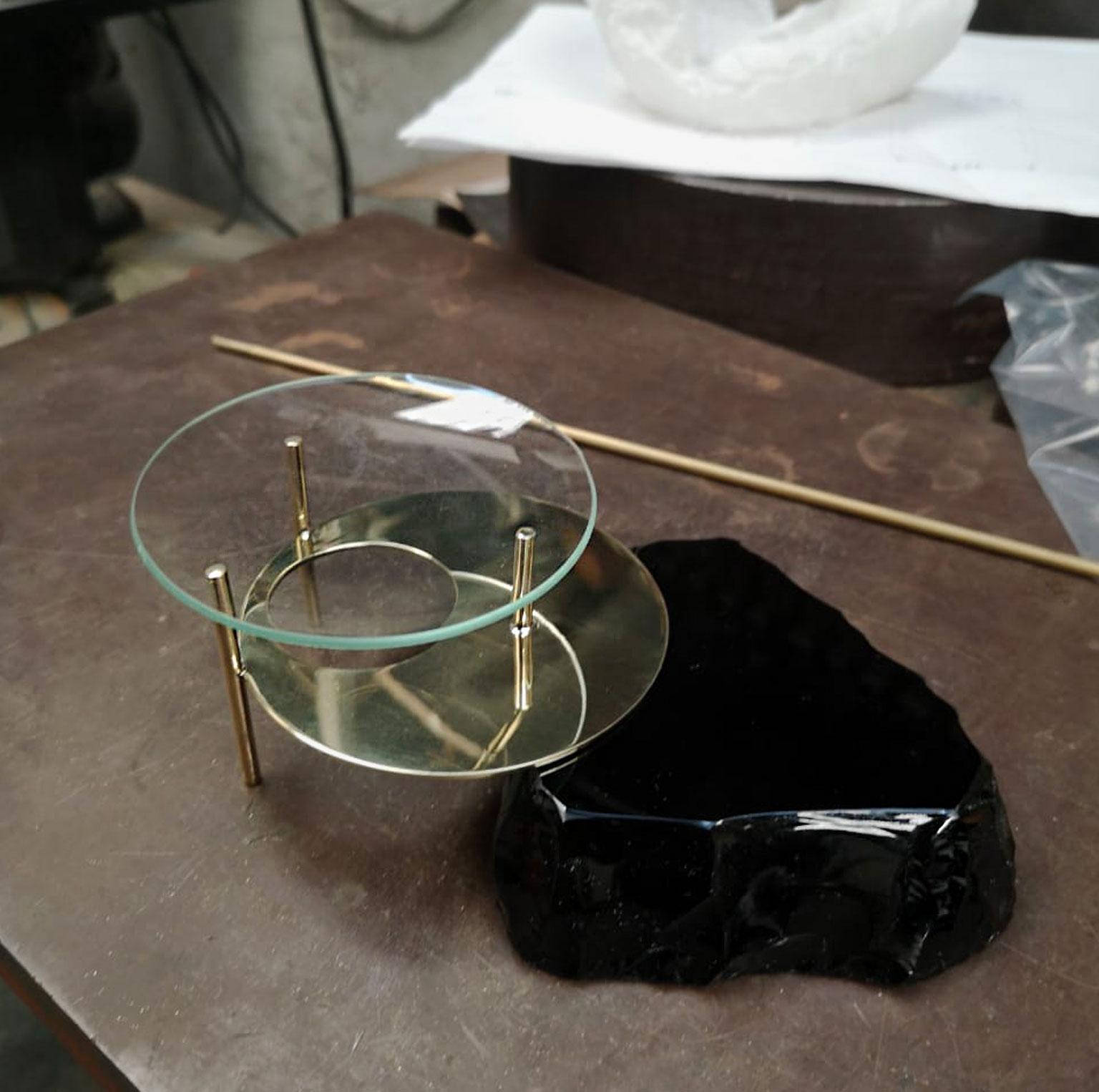 Mexican Obsidian Diffuser Lava, Obsidian Slab, Brass an Glass, Limited-Edition For Sale