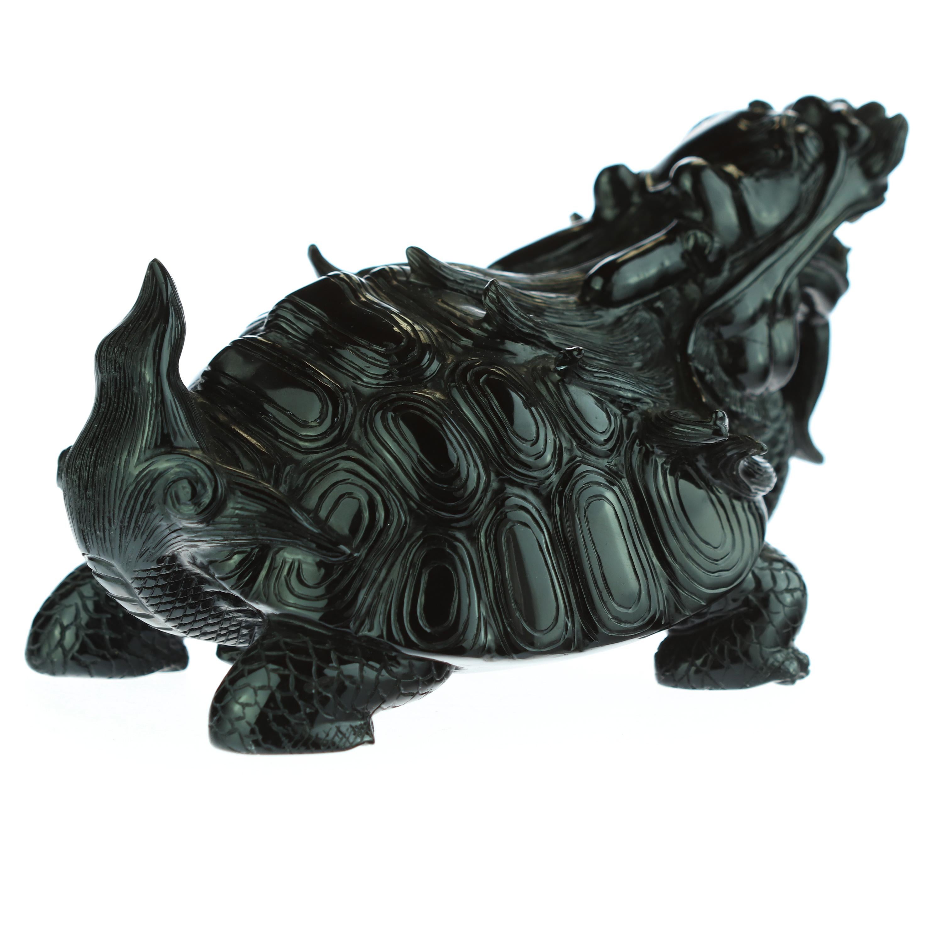 Chinese Export Obsidian Mythological Chinese Turtle Dragon Animal Back Decoration Art Sculpture