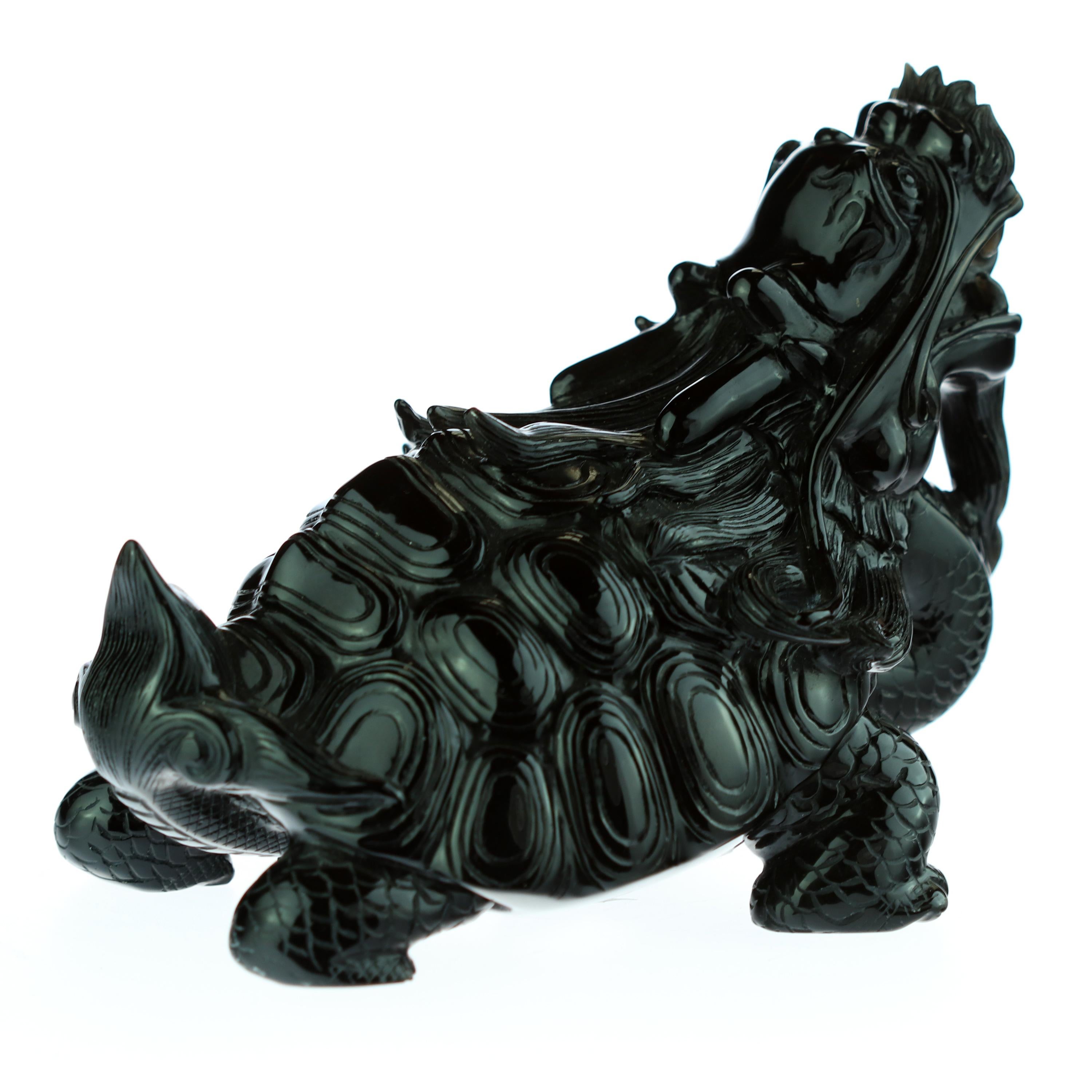 Chinese Export Obsidian Mythological Chinese Turtle Dragon Animal Back Decoration Art Sculpture