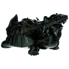 Vintage Obsidian Mythological Chinese Turtle Dragon Animal Back Decoration Art Sculpture