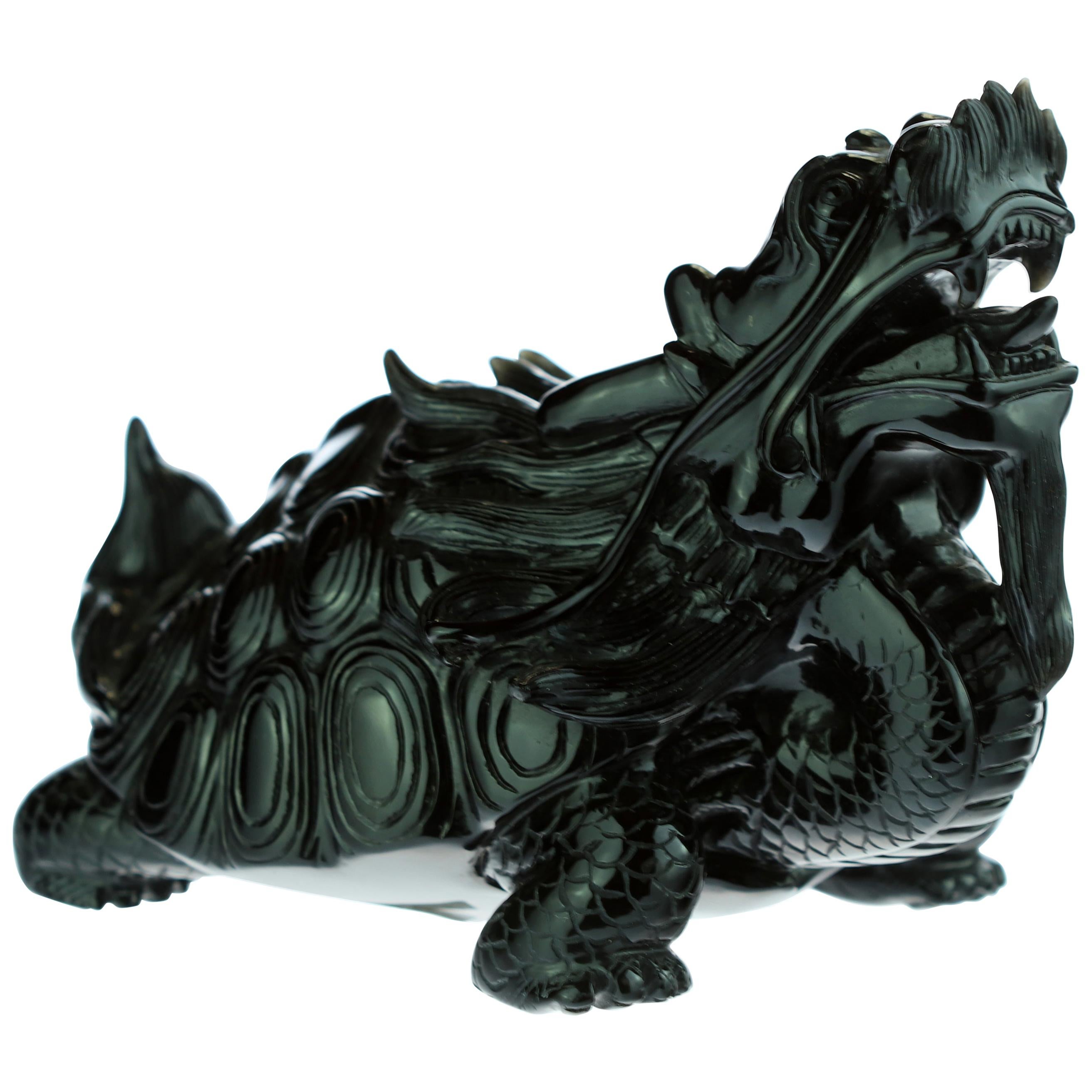 Obsidian Mythological Chinese Turtle Dragon Animal Back Decoration Art Sculpture