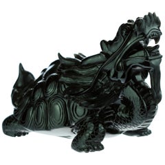 Vintage Obsidian Mythological Chinese Turtle Dragon Animal Back Decoration Art Sculpture