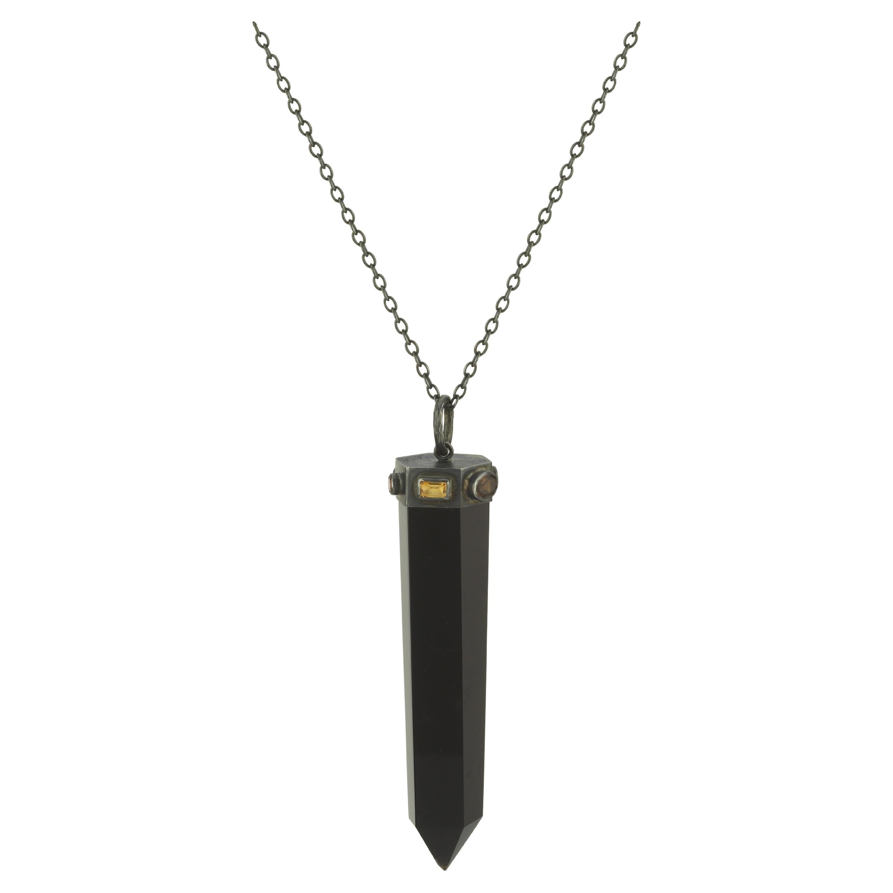 Silver Hand Carved Obsidian Obelisk Necklace with Tourmaline, Quartz and Citrine For Sale