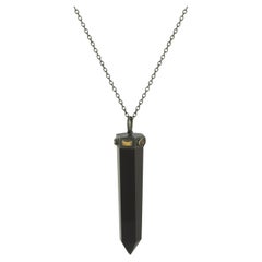 Silver Hand Carved Obsidian Obelisk Necklace with Tourmaline, Quartz and Citrine