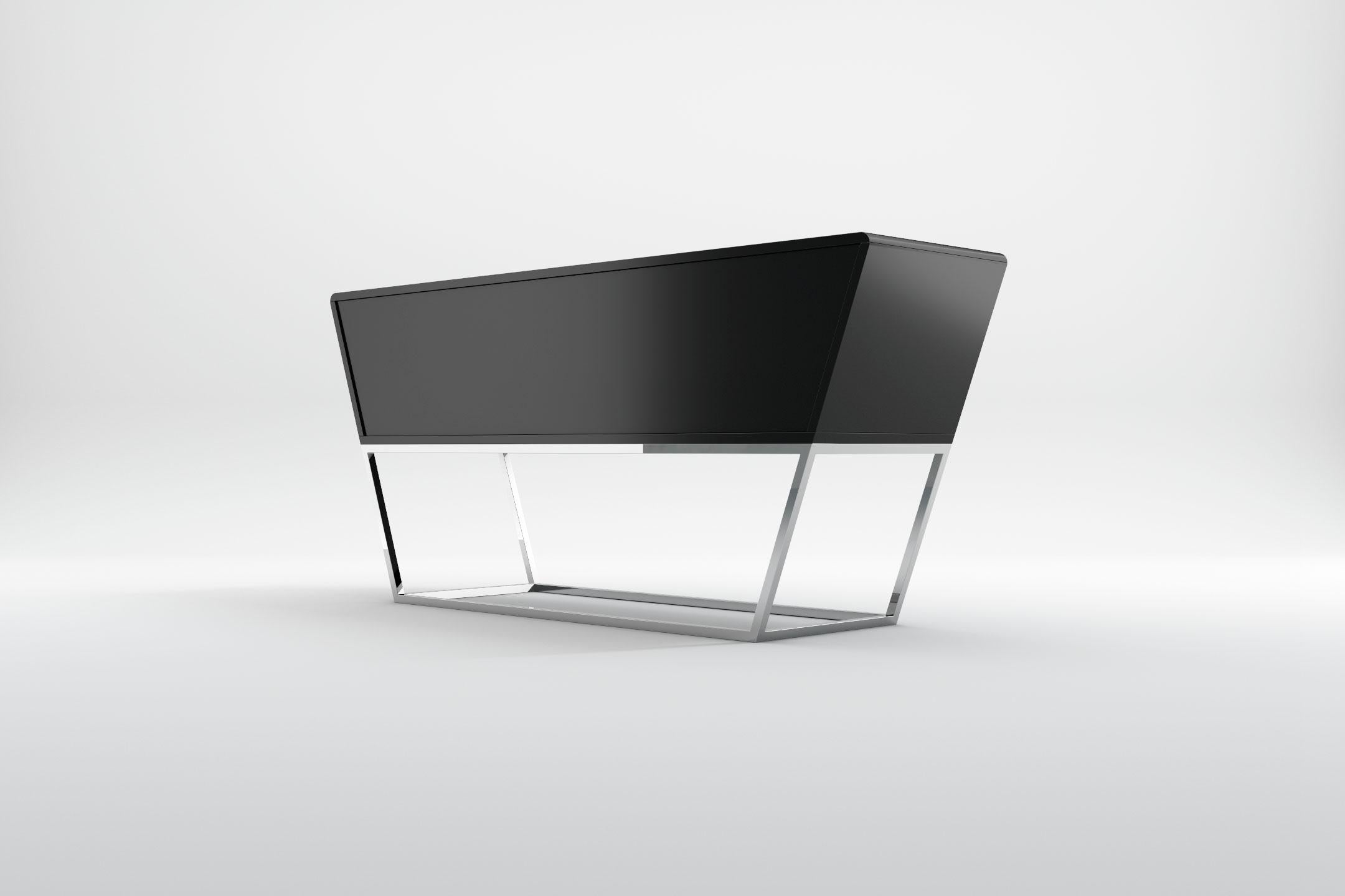 European Obsidian Sideboard - Modern Black Lacquered Sideboard with Stainless Steel Base For Sale
