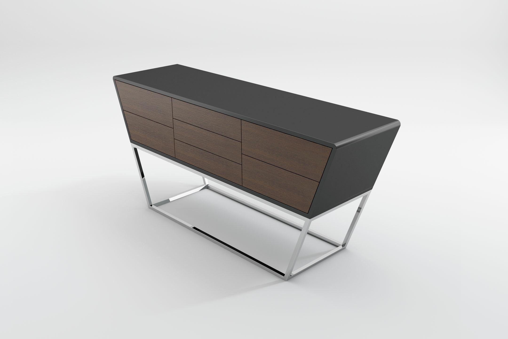 Obsidian Sideboard - Modern Black Lacquered Sideboard with Stainless Steel Base In New Condition For Sale In London, GB